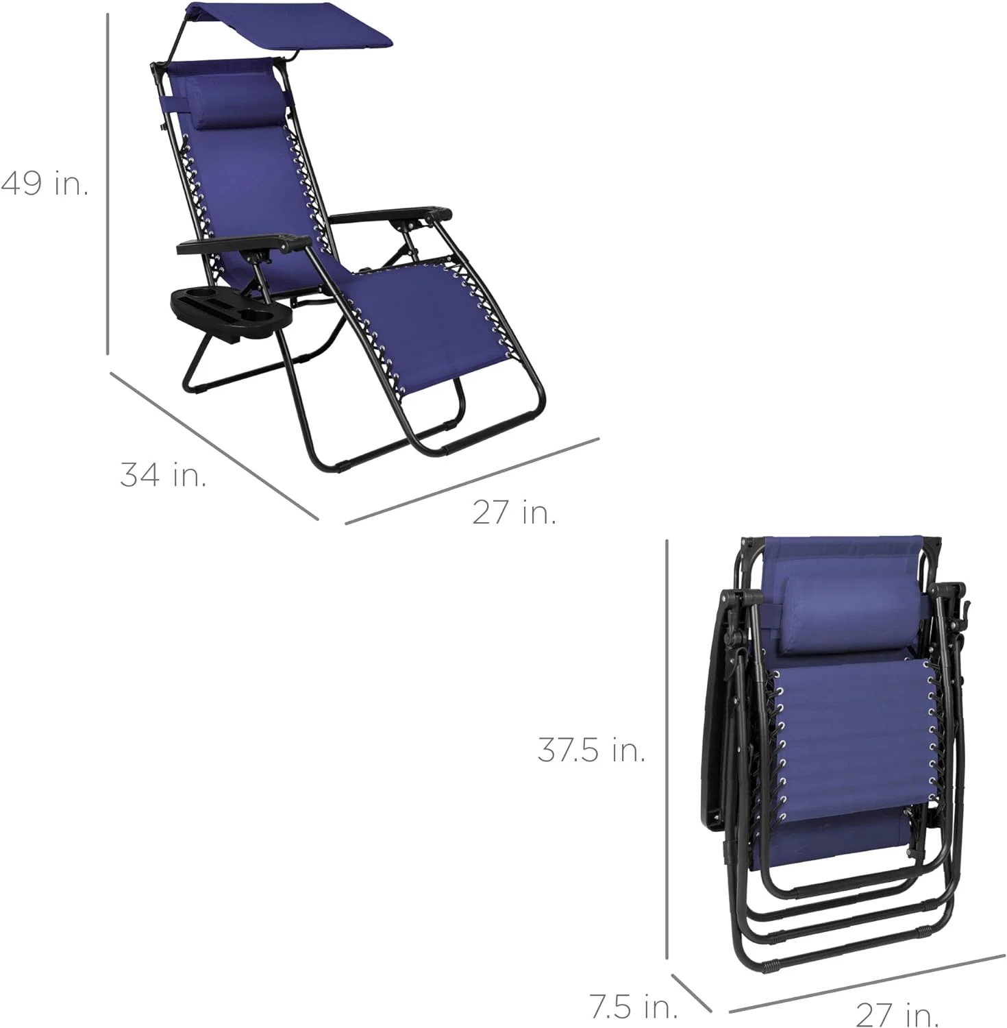 Best Choice Products – Silla Reclinable de Patio con Gravedad Cero, Ajustable y Plegable para Exteriores con Dosel, Almohada Cervical y Bandeja Lateral, Textileno – Azul Pavo Real