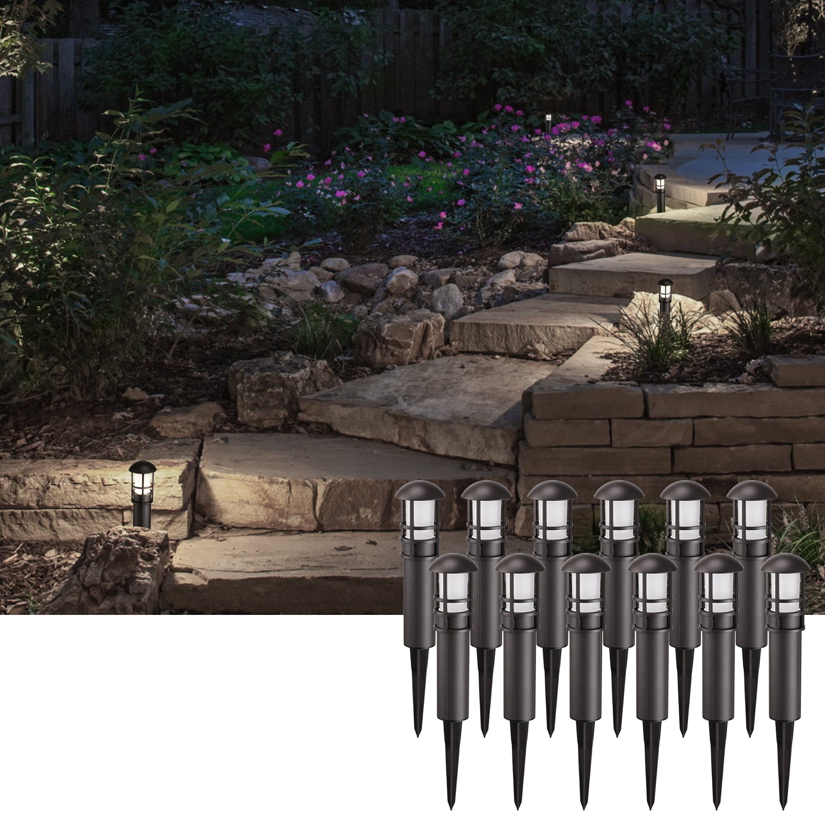 LEONLITE Paquete de 12 Luces LED para Paisaje, 3W 12V Bajo Voltaje, Luces para Camino Impermeables para Exterior, Certificadas ETL, Luz Blanca Fría 4000K, para Entrada, Acera, Garantía de 5 Años