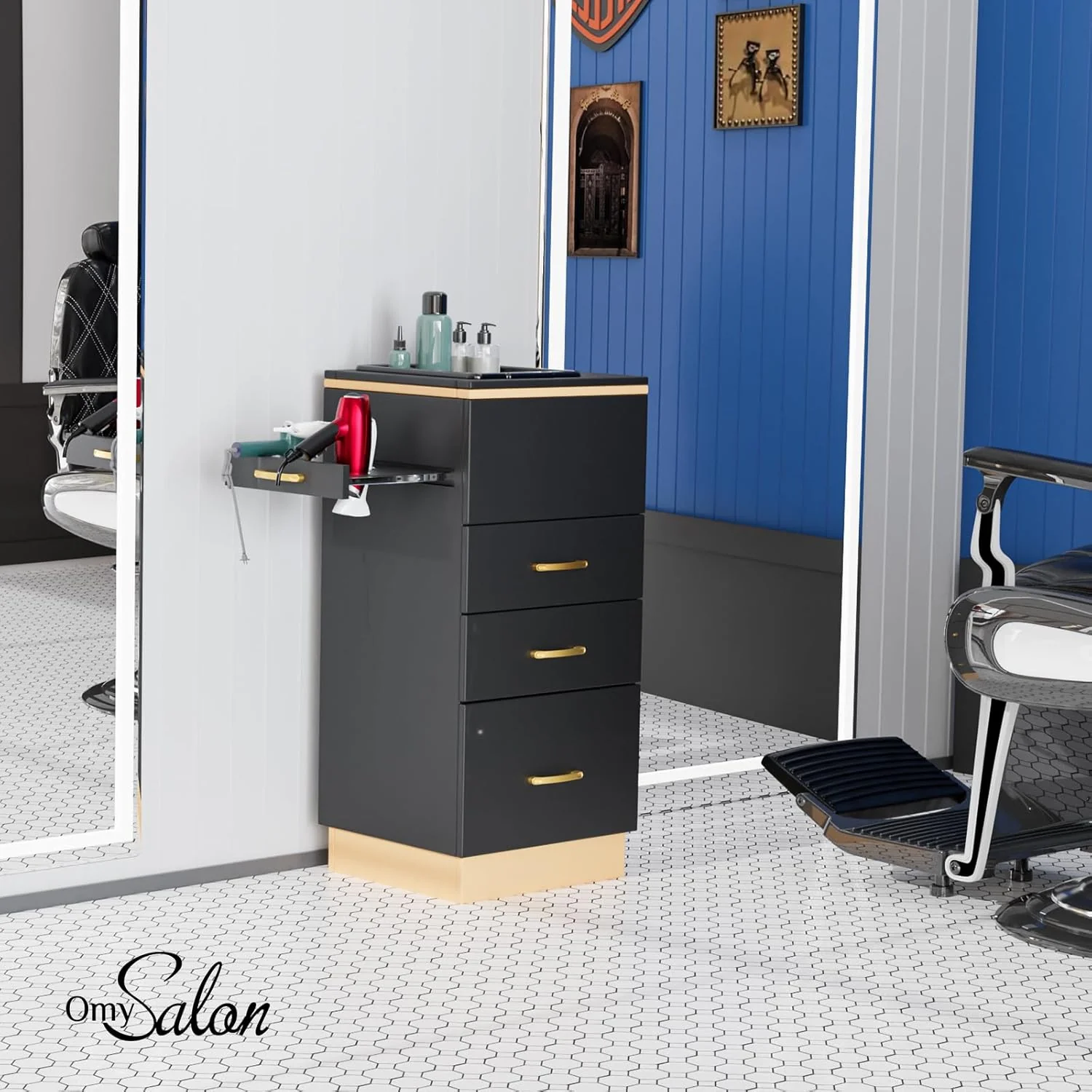 OmySalon Estación de Almacenamiento para Salones – Mueble de Peluquería con 3 Cajones, Compartimento de Almacenamiento y 3 Soportes para Secadores – Color Oro Blanco