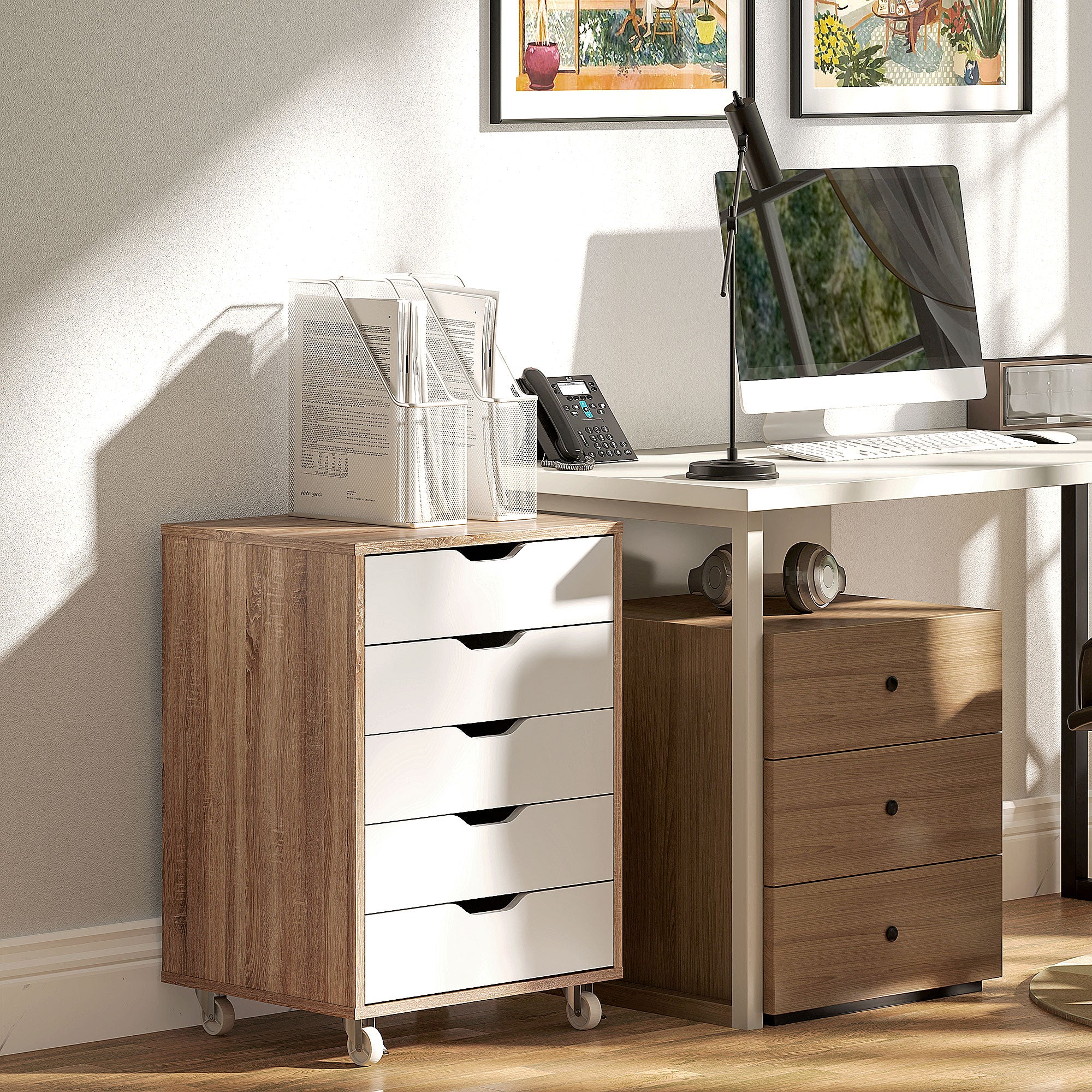 Cajonera Vertical de 5 Cajones, Mueble de Oficina Móvil con Ruedas, Roble