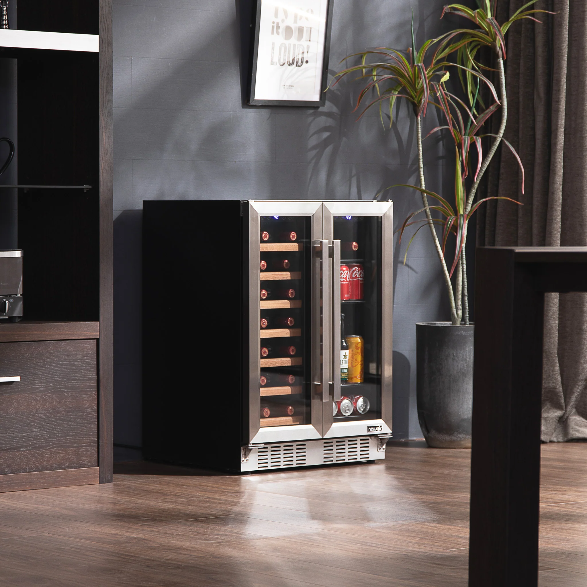 2025 Refrigerador para Vinos y Bebidas Newair – Doble Zona con Puertas Francesas (24 pulgadas)