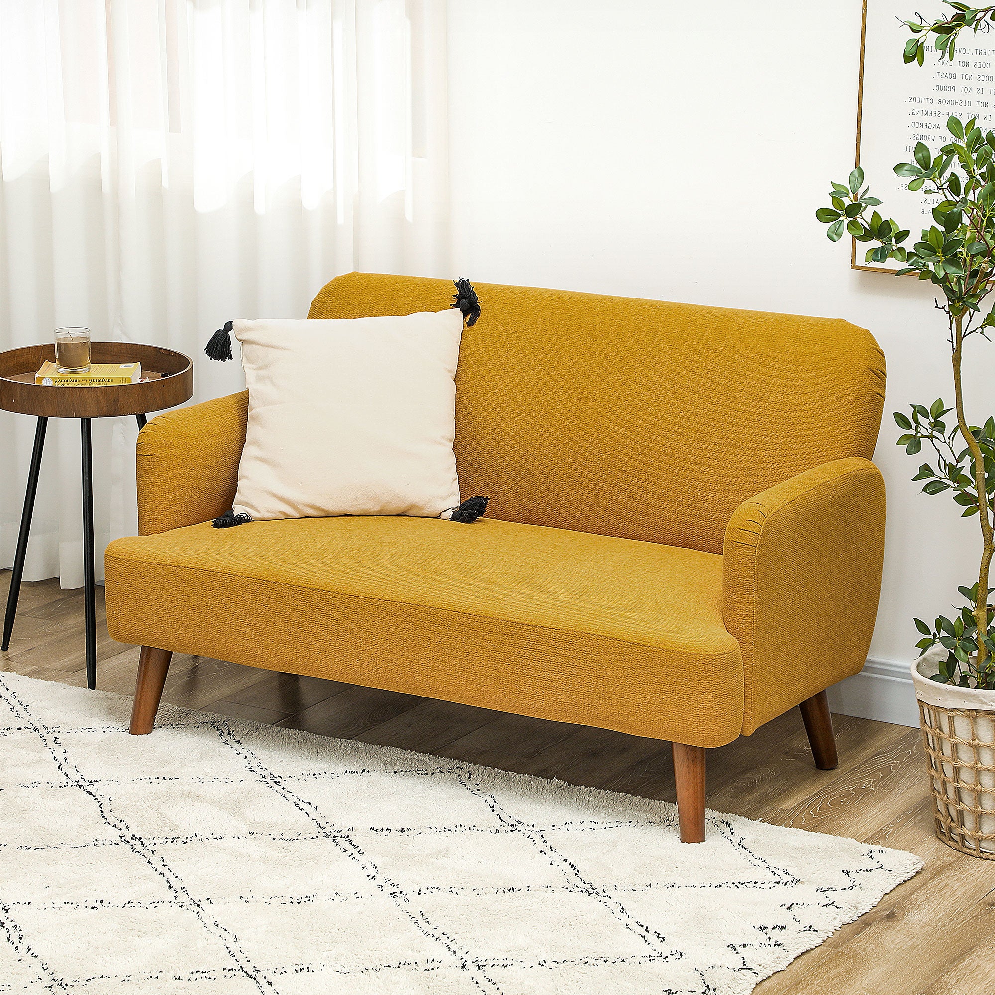 Sofá de 2 plazas en terciopelo, acolchado grueso de 21 cm y patas de madera, color amarillo