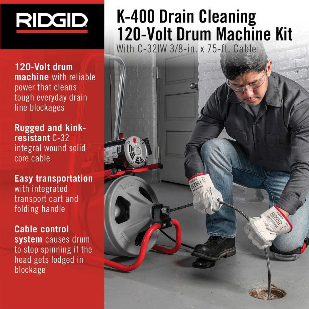 K-400 Desatascador de Drenajes 120 V, Máquina de Tambor con Cable C-32IW de 3/8 x 75 pies + Juego de Herramientas de 4 Piezas y Guantes 52363