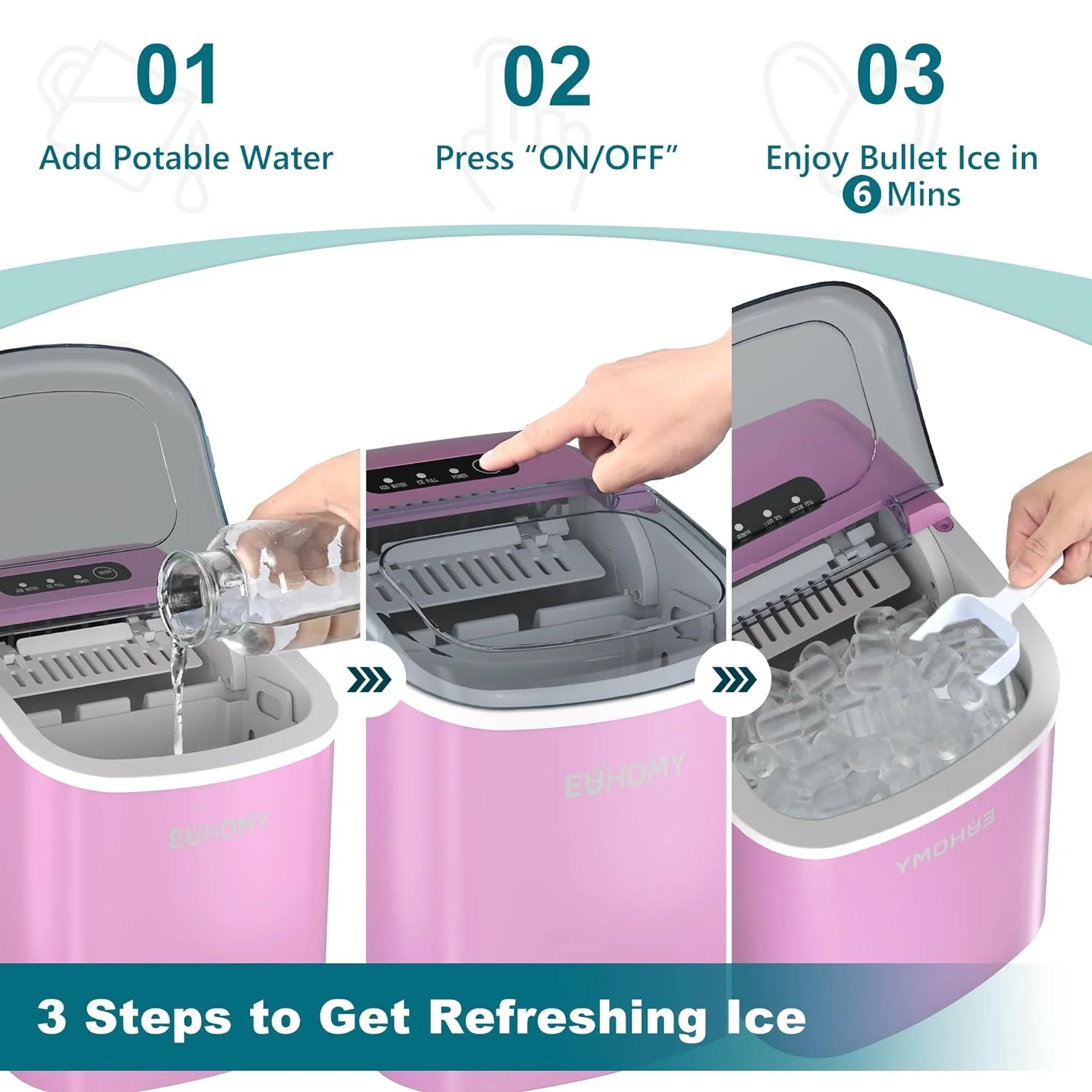 2025 Máquina de hielo portátil EUHOMY 12'' Rosa – Ultra silenciosa con asa