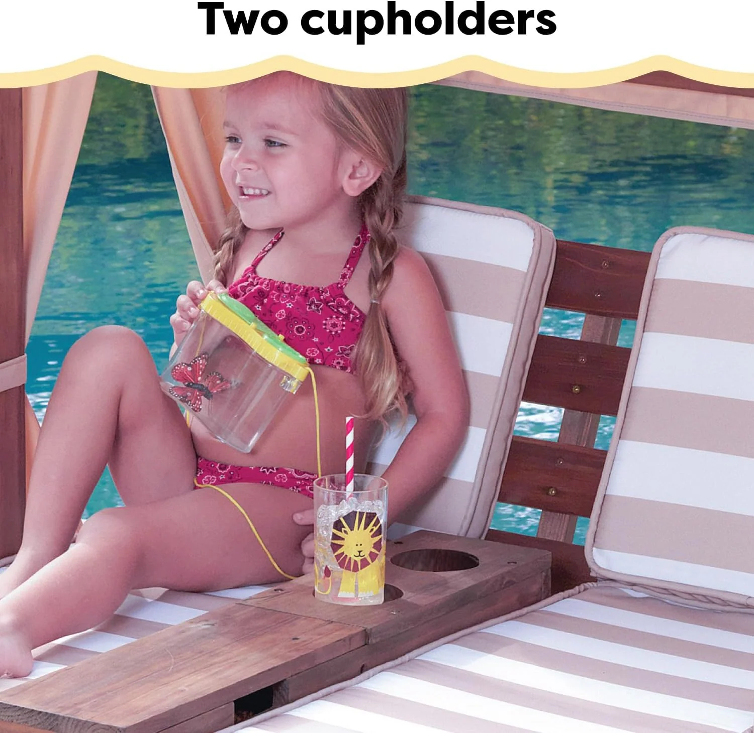 Tumbona Doble de Madera para Niños KidKraft con Porta Vasos, Muebles de Jardín para Niños, Color Miel con Tela a Rayas Azul Marino y Blanco, Regalo para Niños de 3 a 8 Años