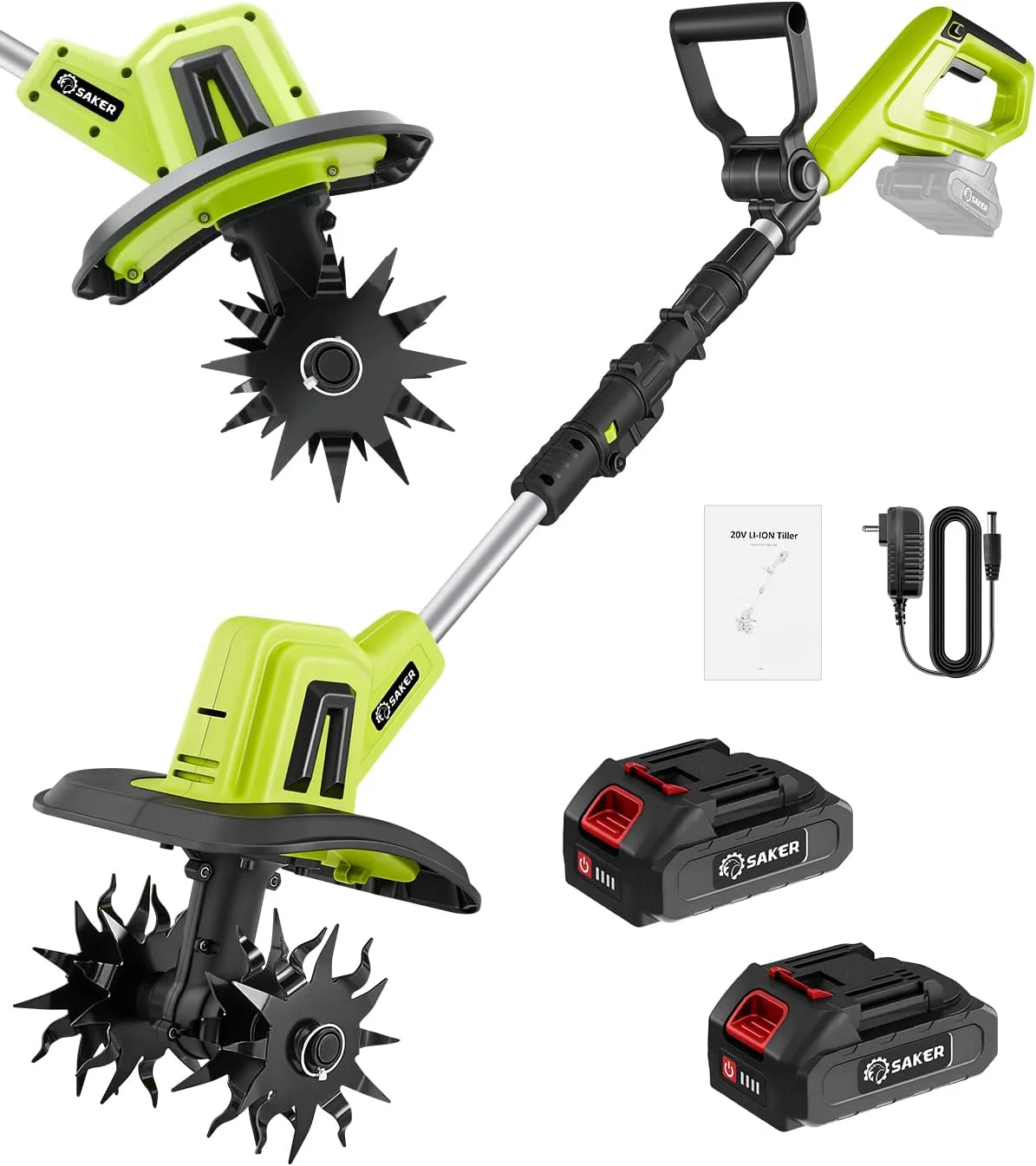 Motobineuse Électrique Sans Fil Saker 22V, Motoculteur Léger pour Jardinage, Largeur de Labour 9 pouces, Profondeur 6,3 pouces pour Préparation du Sol, Désherbage et Jardinage, avec 2 Batteries SK-TC18B