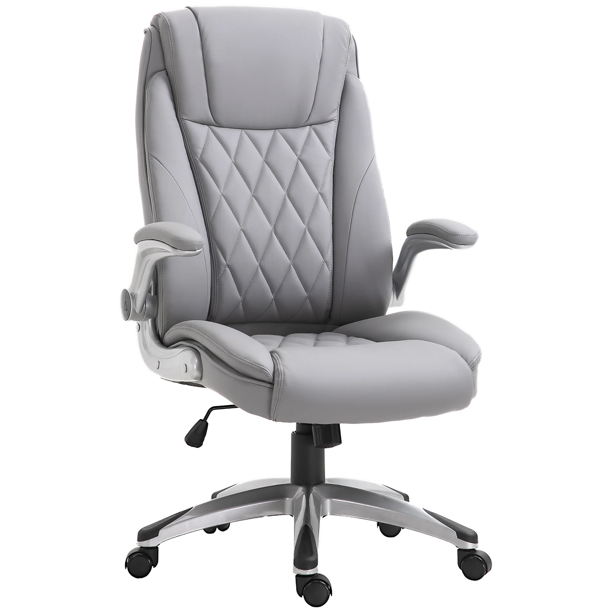 2025 Silla de Oficina de Cuero PU con Reposabrazos Abatibles, Altura Ajustable y Ruedas Giratorias, Gris