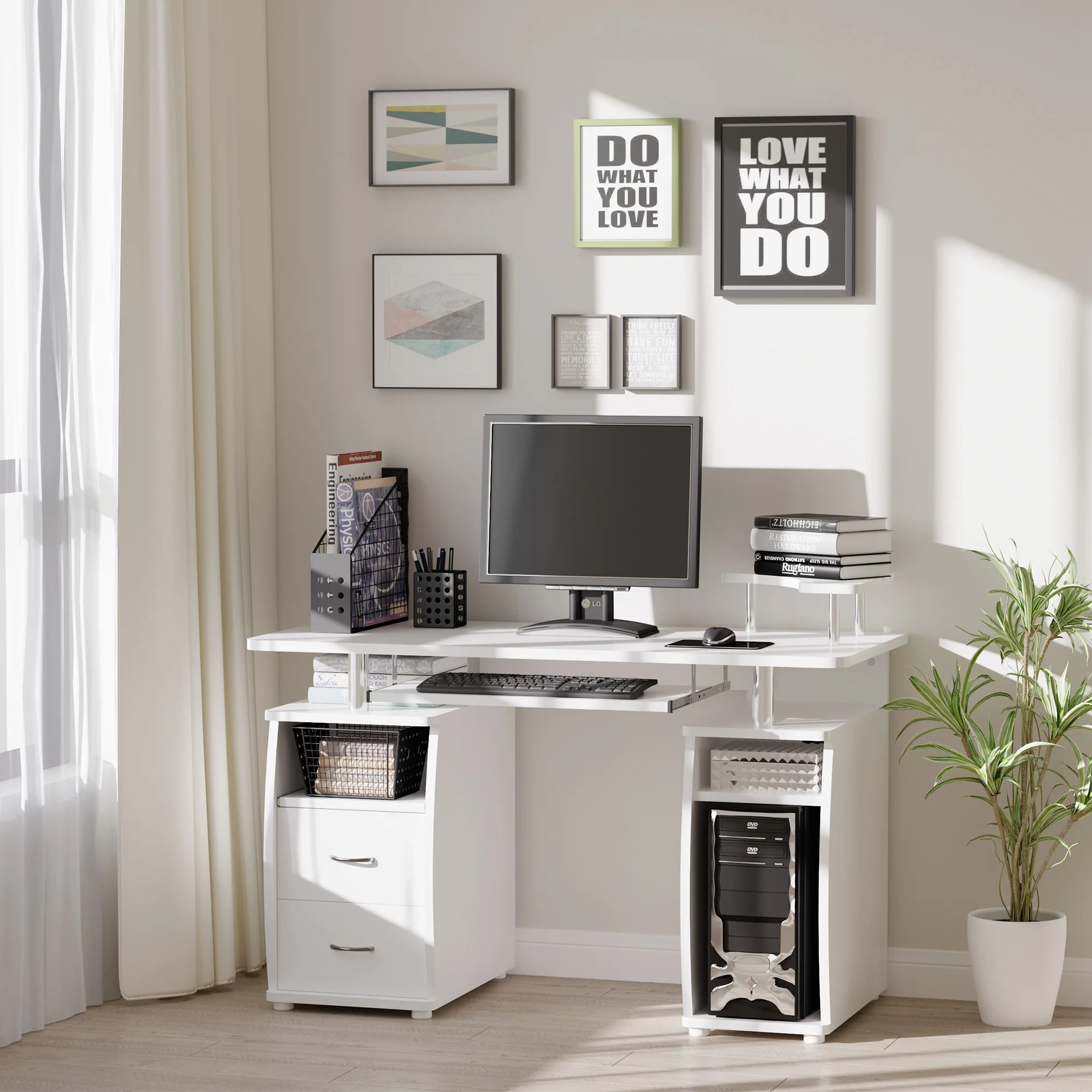 Escritorio de Ordenador para Oficina – Mesa de PC con Cajón para Teclado, Estante Deslizante para Escáner, Blanco