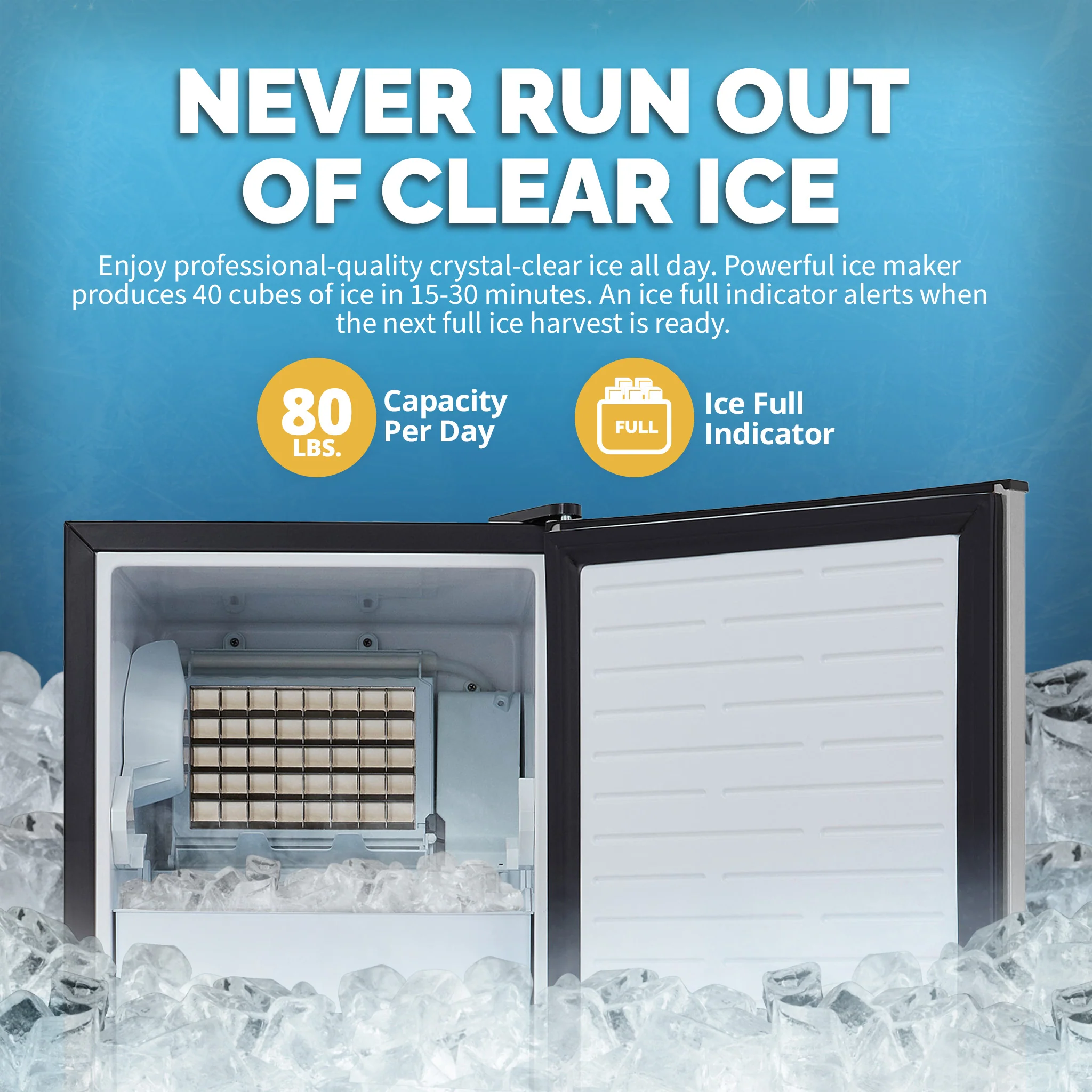 2025 Máquina de Hielo Empotrable Newair® para el Hogar – Hielos Transparentes, 80 lb/día – Acero Inoxidable