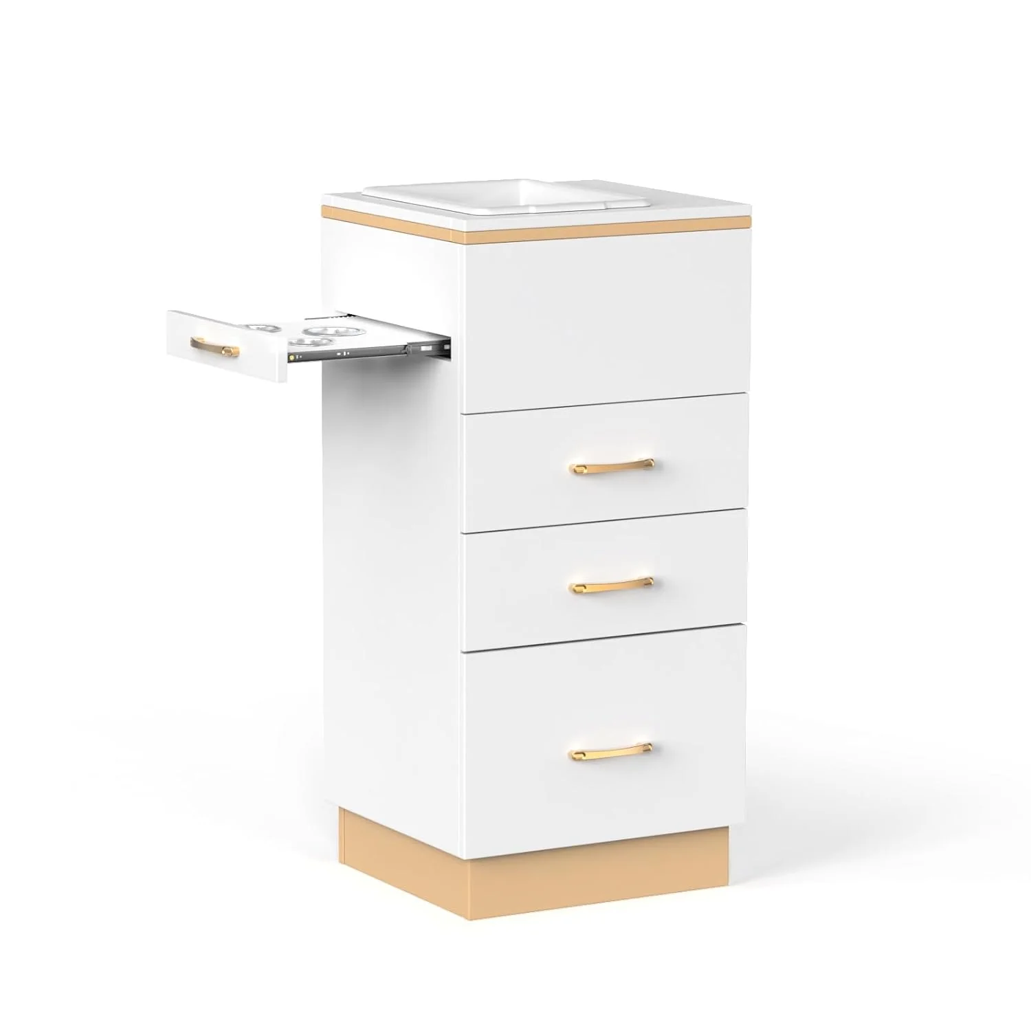 OmySalon Estación de Almacenamiento para Salones – Mueble de Peluquería con 3 Cajones, Compartimento de Almacenamiento y 3 Soportes para Secadores – Color Oro Blanco