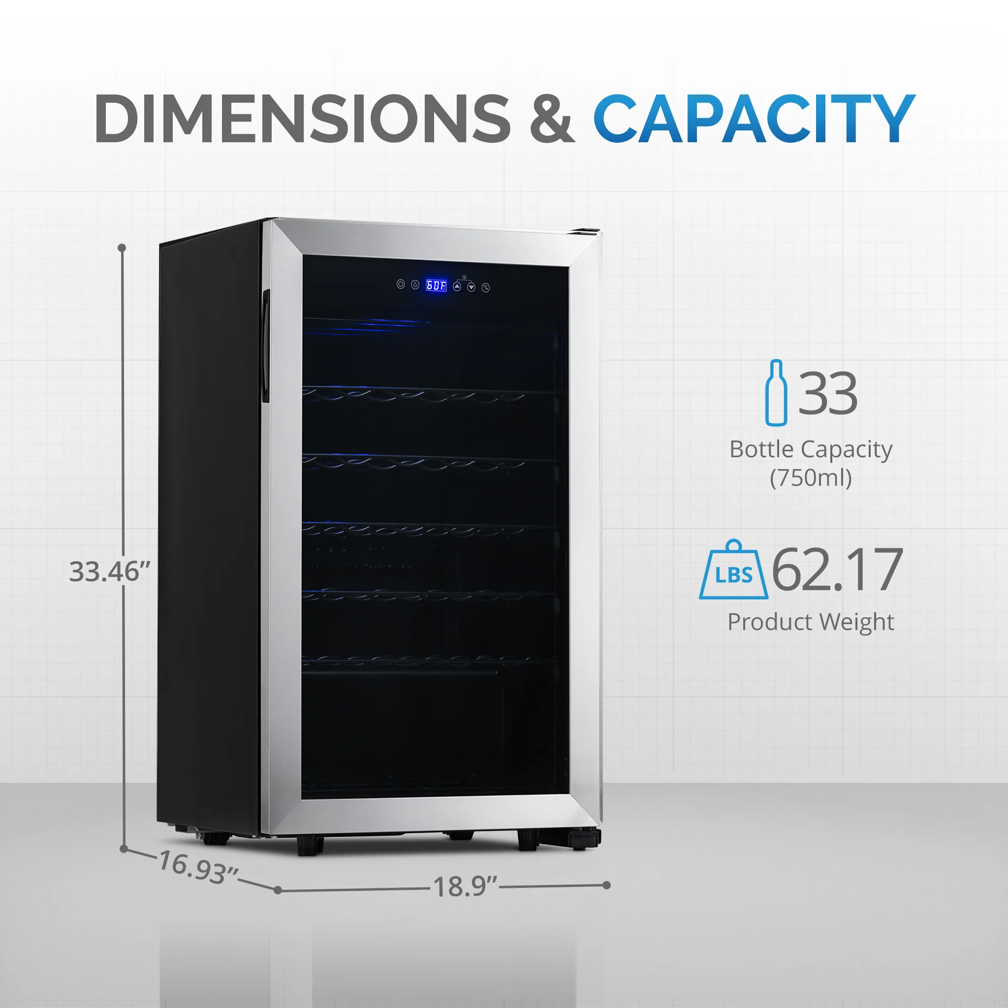 2025 Refrigerador de Vinos Independiente Newair® de Acero Inoxidable – 33 Botellas – 18,9