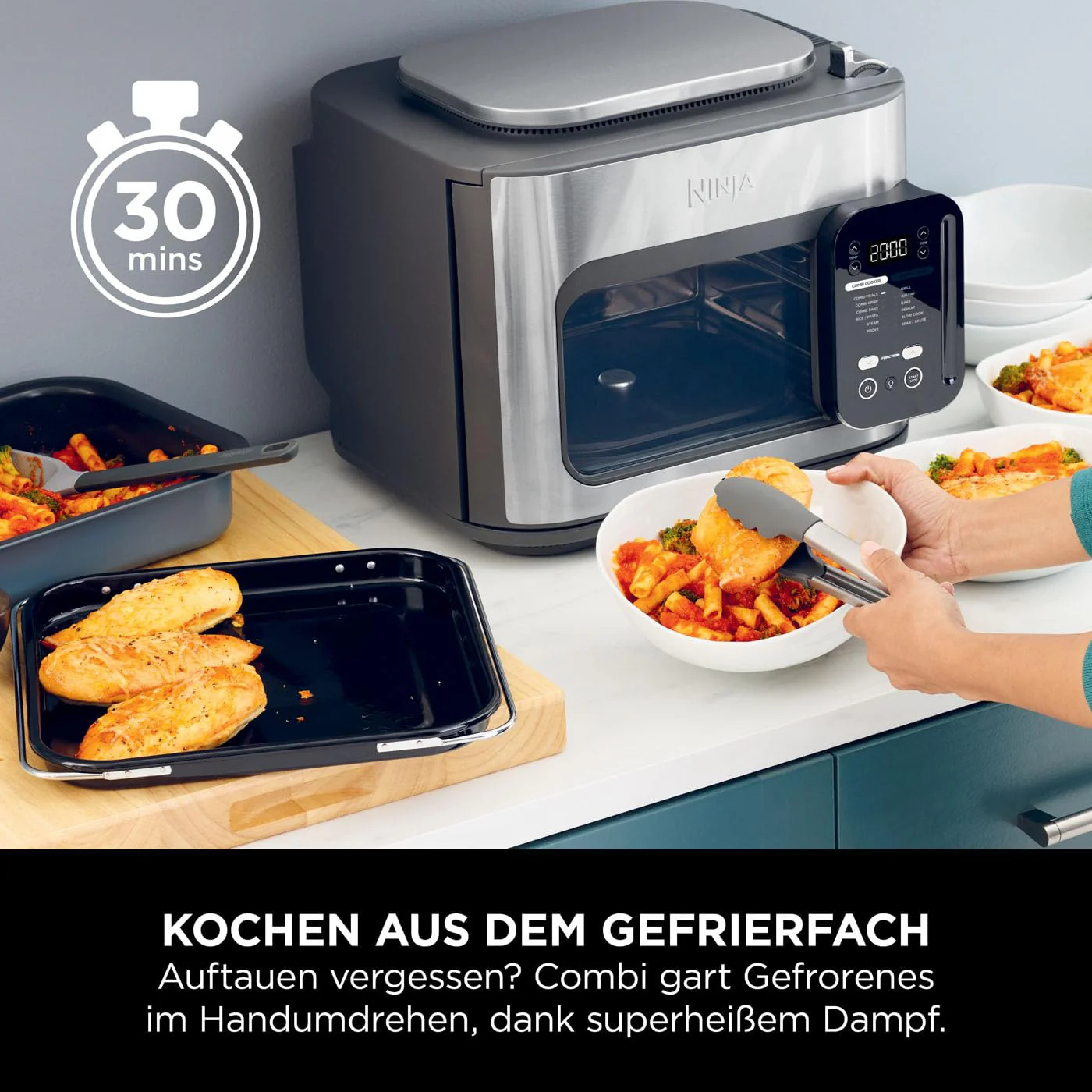 2025 Ninja Combi Multicooker 12 en 1, Horno y Freidora de Aire Caliente, 12 Funciones de Cocción, Air Fryer y Parrilla, Preparación en 15 Min*, con Plancha, Sartén, Rejilla Crisper, Guía de Recetas, Gris, SFP700EU
