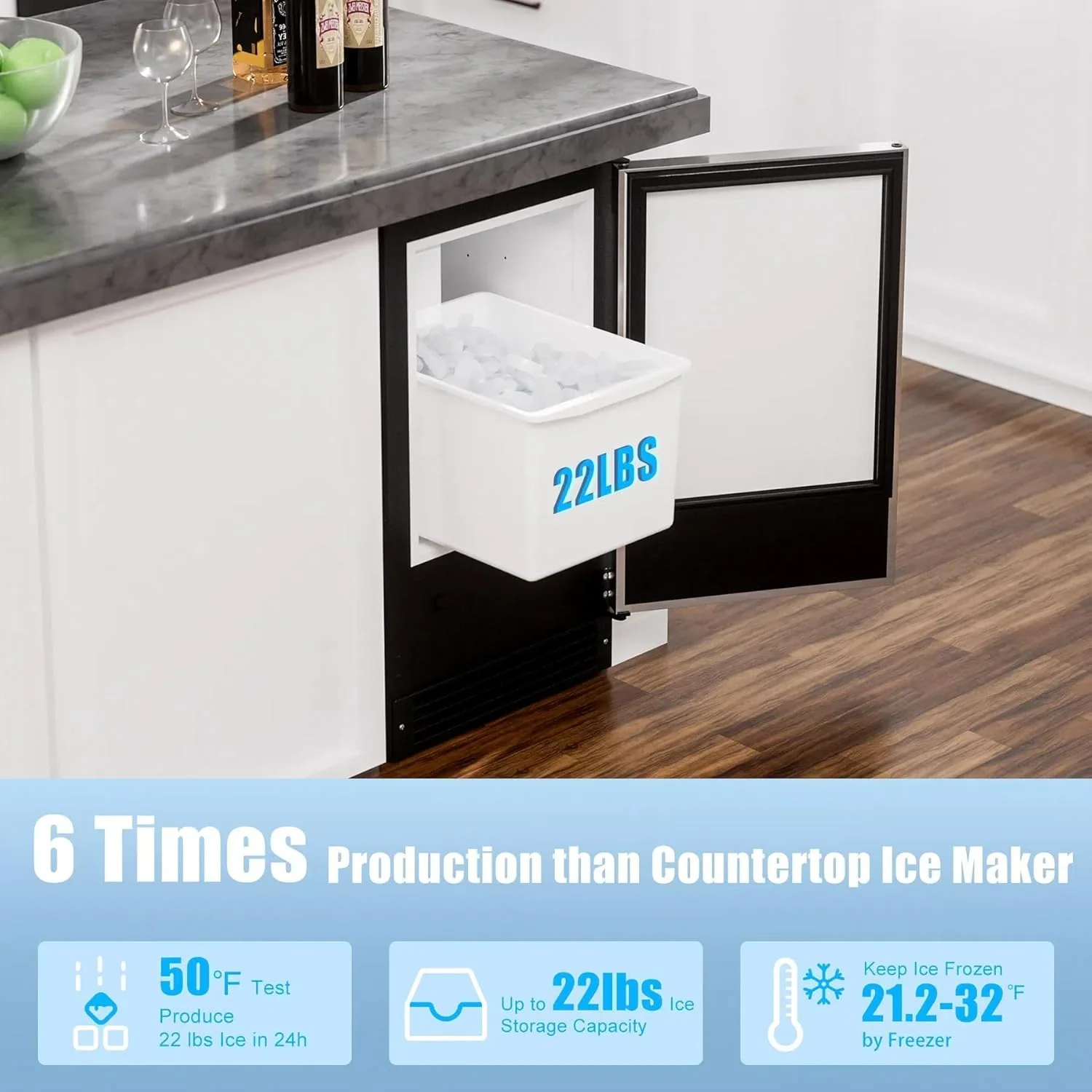 2025 COTLIN Máquina de Hielo Empotrable Sin Drenaje – Capacidad de 22 lb, Hielo en Forma de Media Luna, Acero Inoxidable, Uso Doméstico o Comercial, Certificada ETL