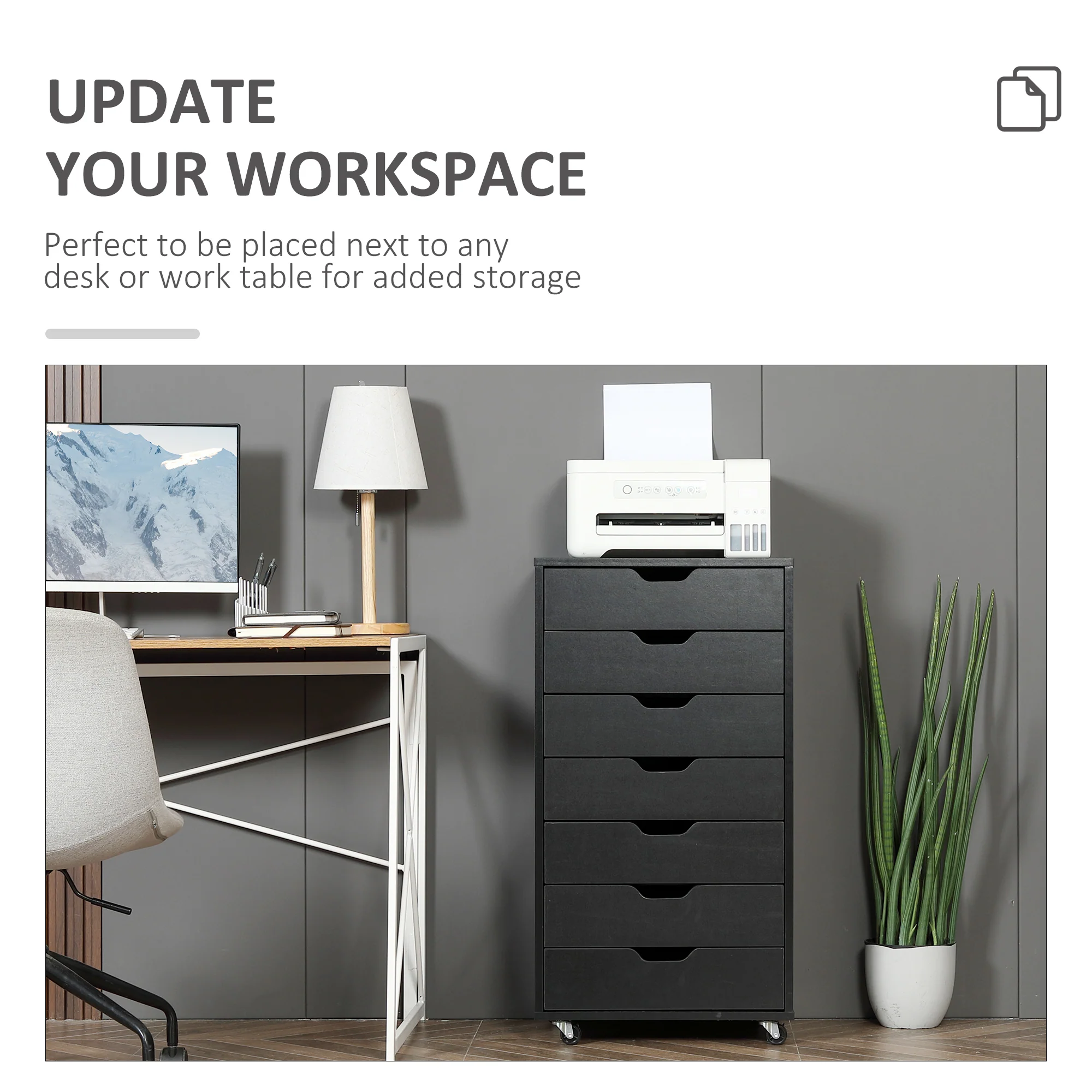 Cajonera Vertical de 7 Cajones, Mueble de Oficina Móvil con Ruedas, Negro