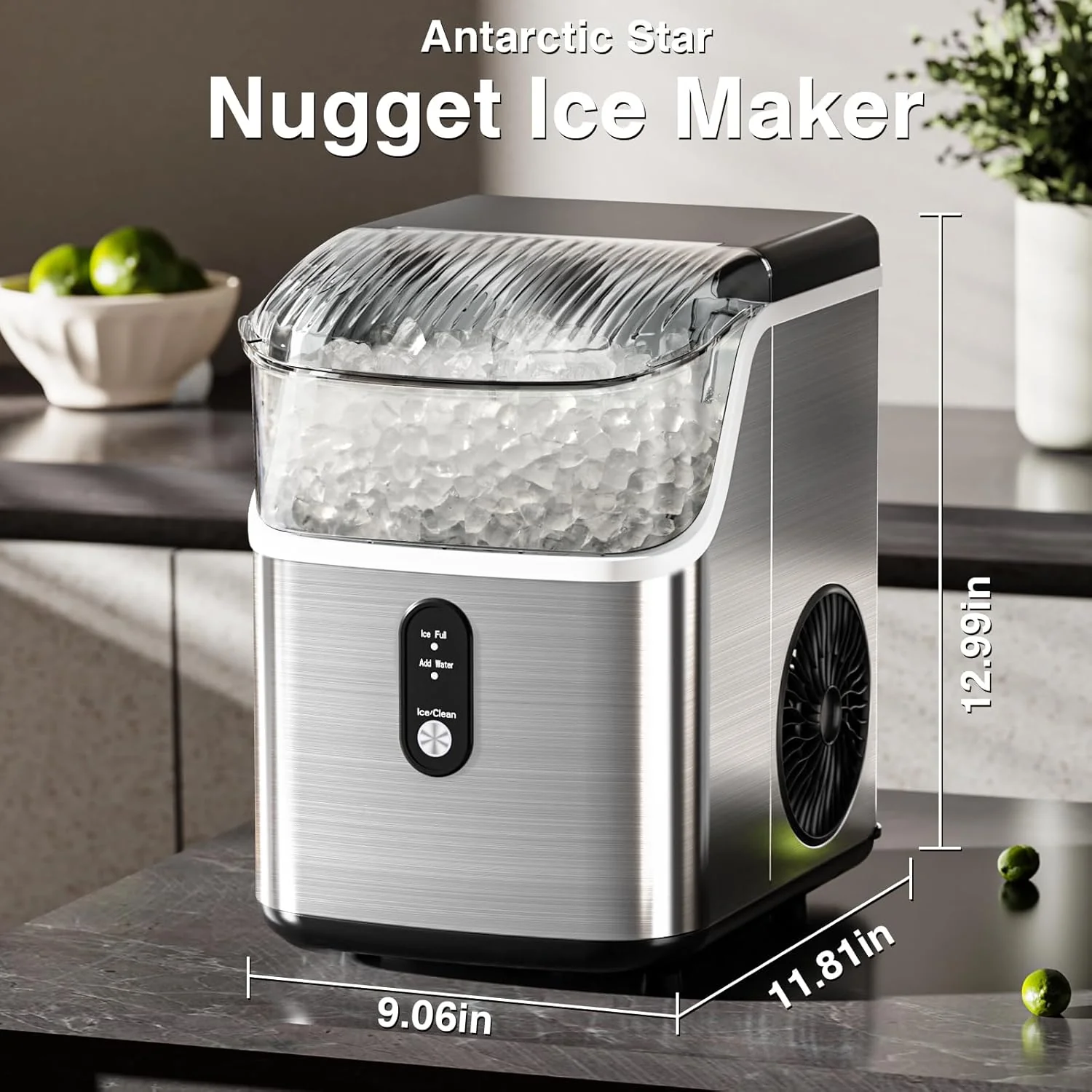 2025 Máquina de hielo tipo nugget para encimera, hielo en trozos masticables, 15 kg/24 h, autolimpiante, hielo sónico, operación con un solo botón, para cocina u oficina, acero inoxidable plateado