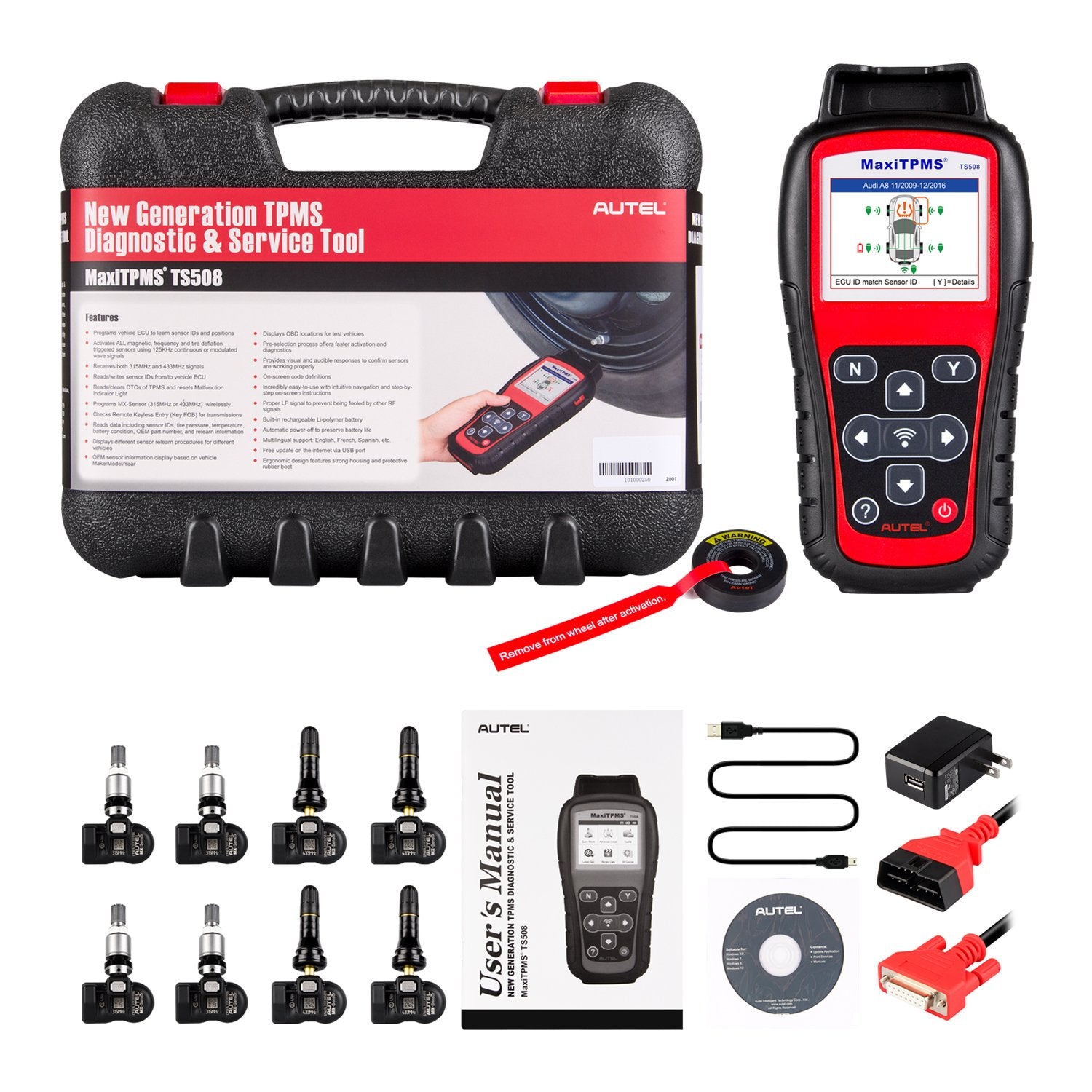 Autel MaxiTPMS TS508K Herramienta de Diagnóstico y Servicio TPMS, Válvulas Intercambiables con 4 Sensores MX de 315MHz y 4 Sensores MX de 433MHz