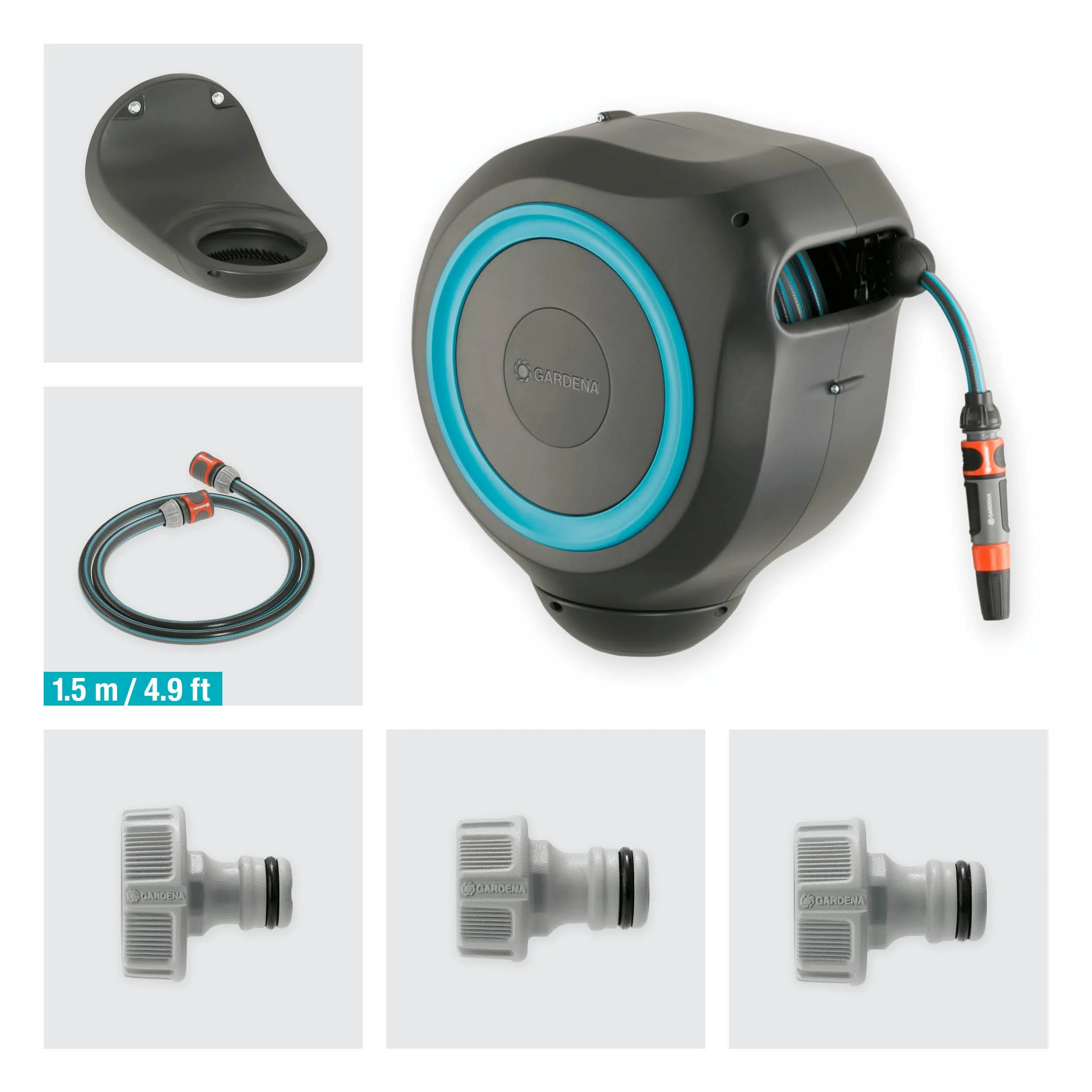 2025 Caja para Manguera de Pared Gardena RollUp M (Turquesa) 20 m: Riego Flexible para Jardines Medianos, Tambor Giratorio, con Soporte de Pared, Accesorios del Sistema y Pulverizador, Manguera de 20 m Incluida (18610-20)