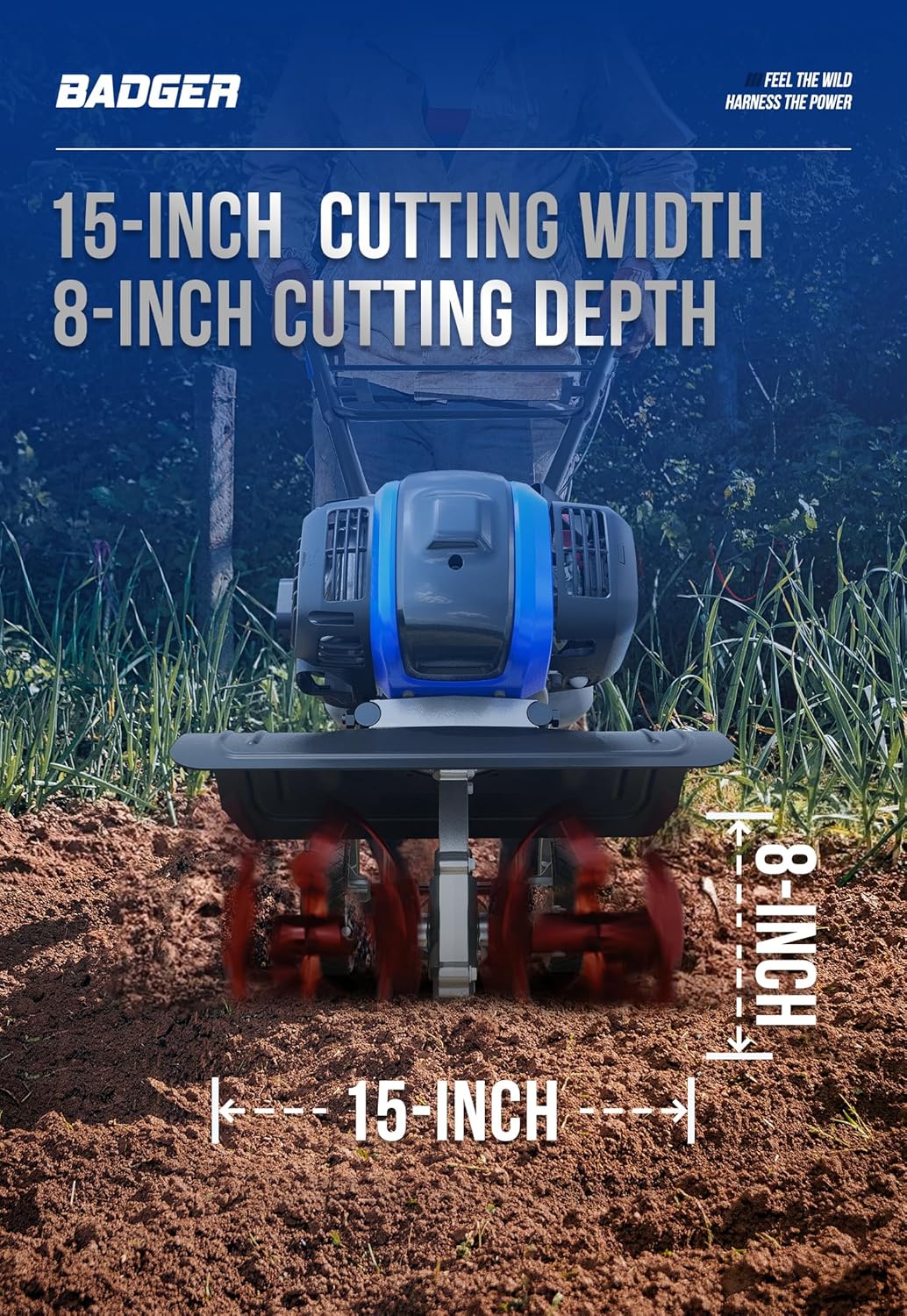 Cultivador de Jardín de 53cc – Mini Cultivador de 15 Pulgadas con Palanca Reforzada Desmontable, Herramienta de Labranza para Céspedes, Jardines y Campos