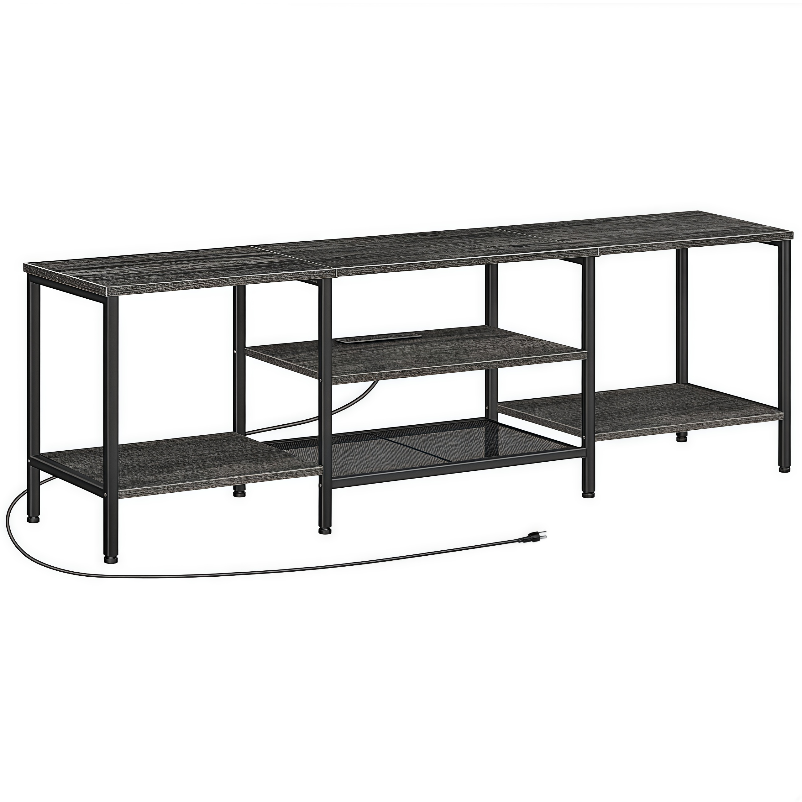 Mueble para TV con Enchufes Integrados para TVs de hasta 75 Pulgadas, Mesa Consola con Estantes Abiertos, Centro de Entretenimiento Industrial para Sala o Dormitorio, Color Marrón Rústico y Negro BF60DS01