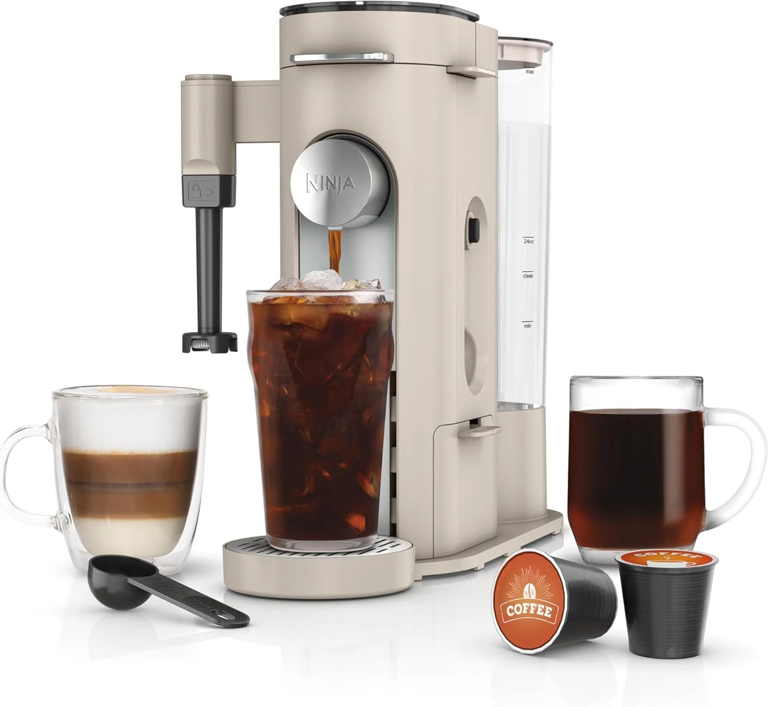 2025 Cafetera de porción individual Ninja Pods & Grounds, compatible con K-Cup, prepara café molido o cápsulas, diseño compacto, depósito de 56 oz, tamaños de taza de 6 oz a 24 oz para viaje, café frío, color piedra, modelo PB041ST