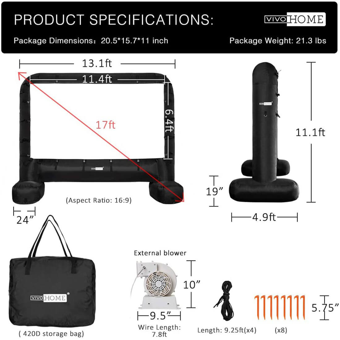 Pantalla de Cine Inflable Mega de 14-17 Pies para Proyección Frontal y Trasera
