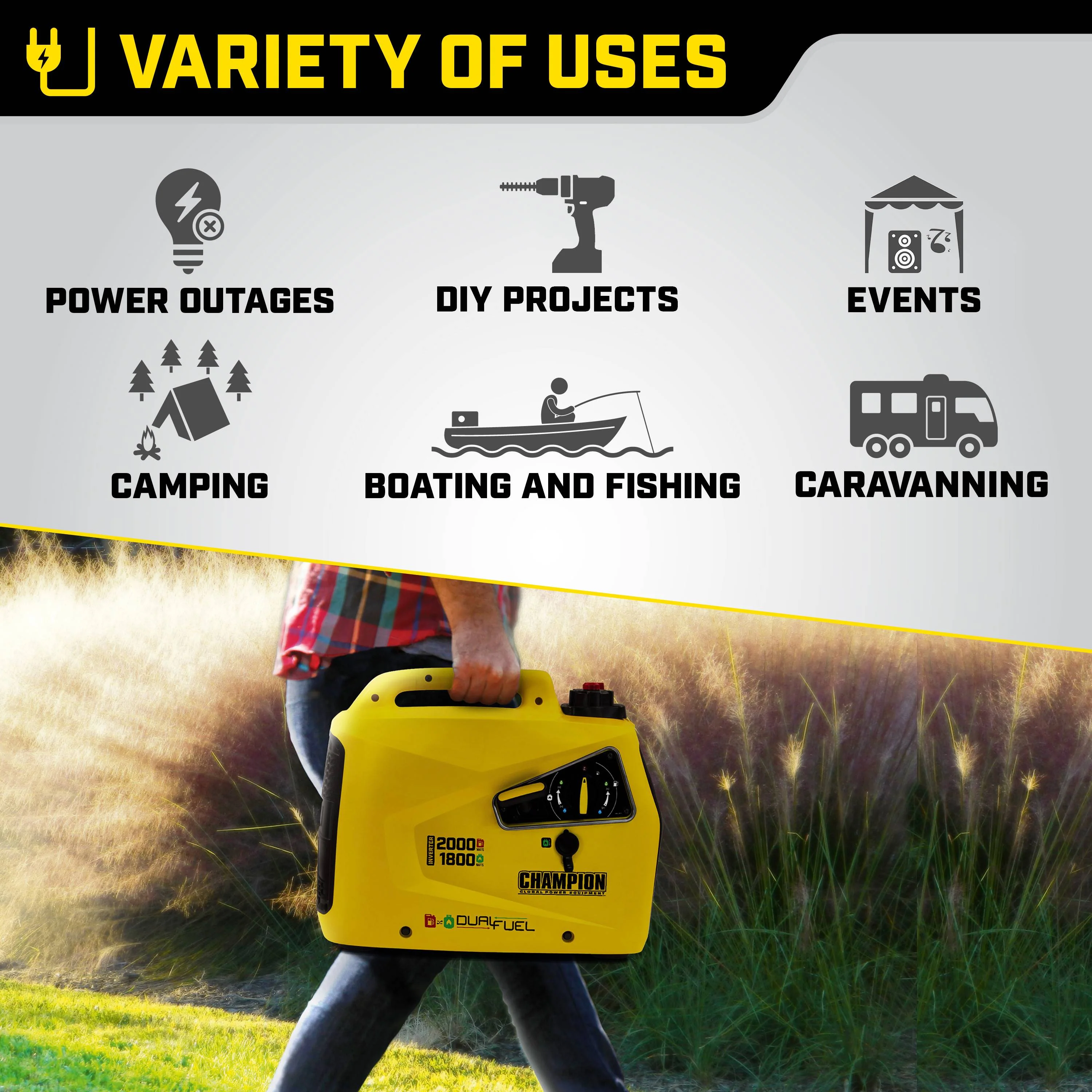 2025 CHAMPION 2000W – Generador inverter Dual Fuel (Gasolina/Propano)