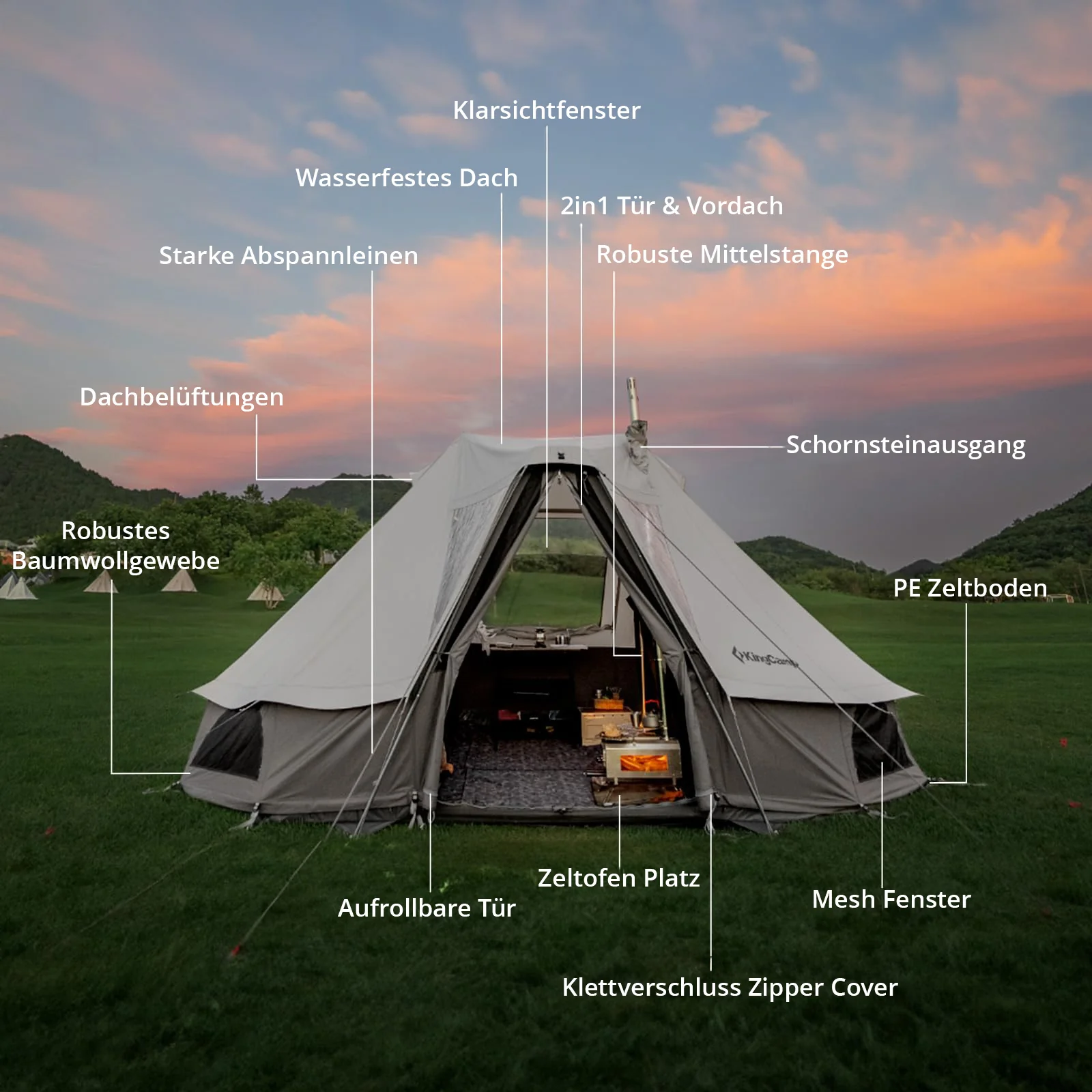 2025 KingCamp Khan Villa – Tienda de grupo glamping de lujo con 240 cm de altura interior, salida para chimenea y paredes laterales de malla para una ventilación óptima