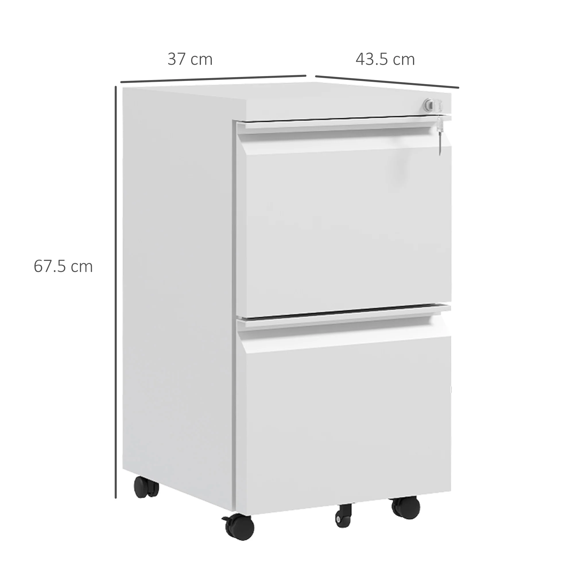 Archivador Móvil con 2 Cajones, Mueble de Archivo Cerrable de Acero, Cuerpo Preensamblado, Blanco