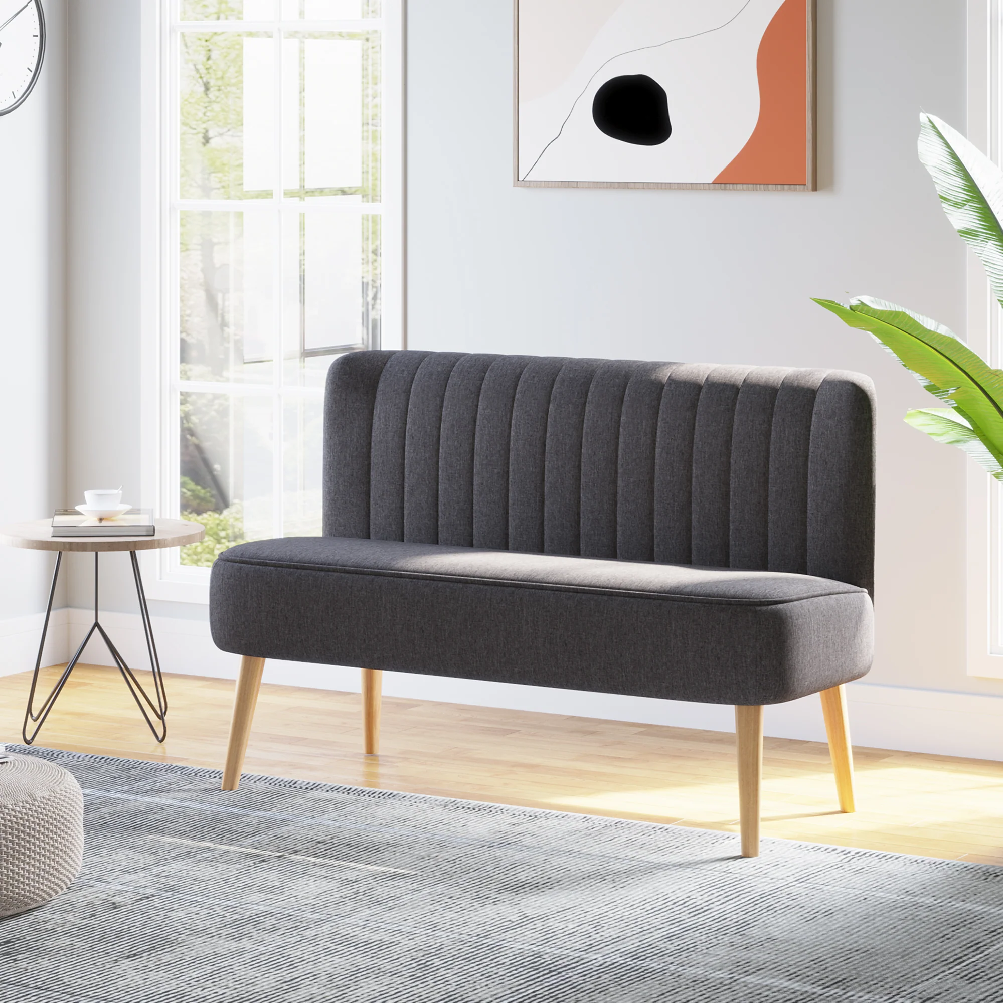 Sofá moderno de lino para 2 plazas, sofá compacto con acolchado y patas de madera, gris