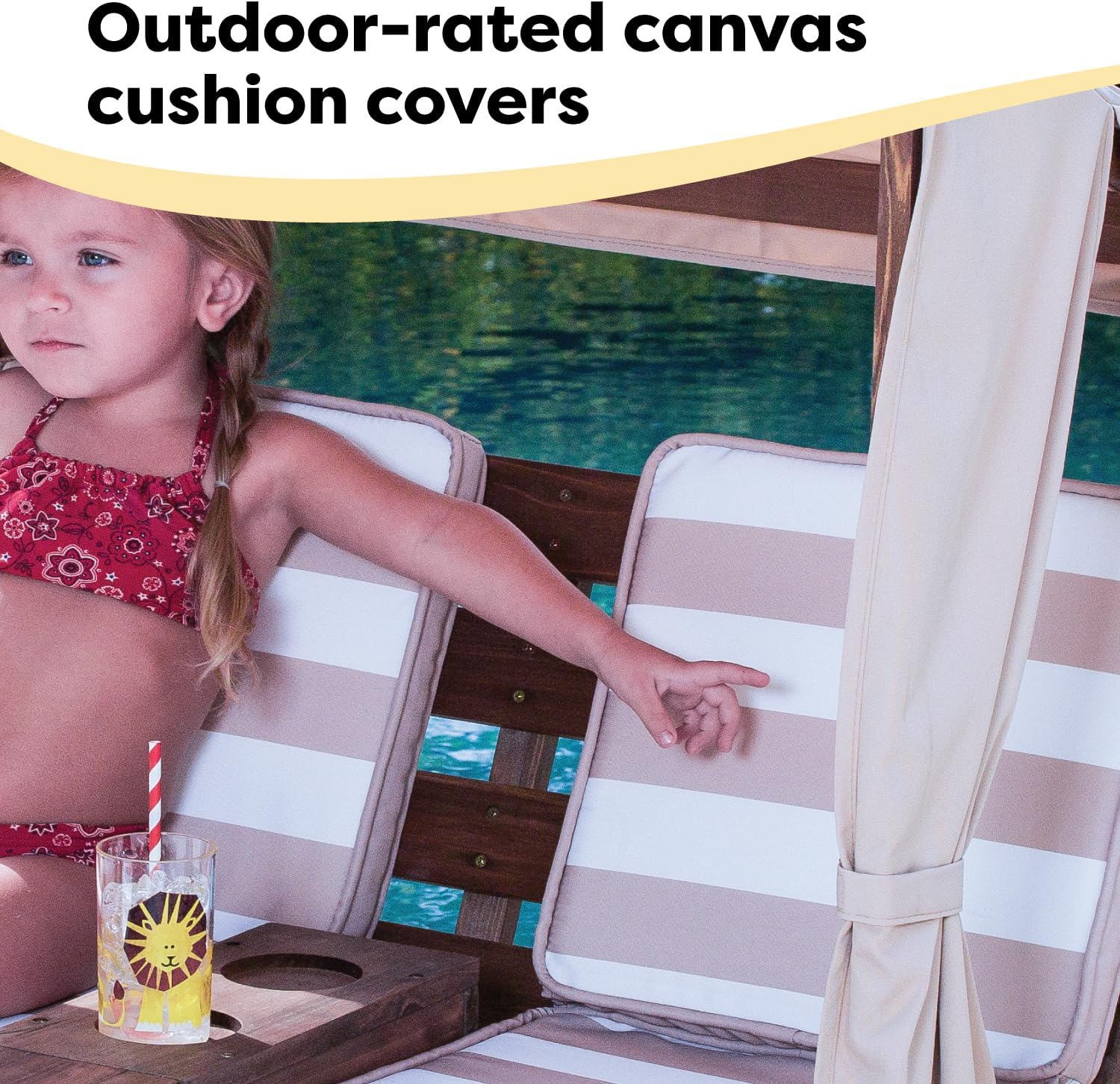 Tumbona Doble de Madera para Niños KidKraft con Porta Vasos, Muebles de Jardín para Niños, Color Miel con Tela a Rayas Azul Marino y Blanco, Regalo para Niños de 3 a 8 Años