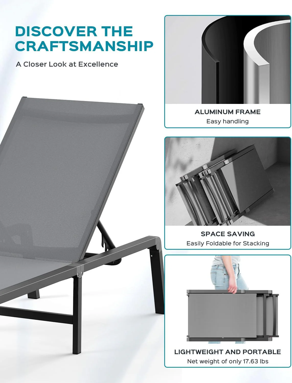 Tumbona de Aluminio para Exterior – Silla de Jardín Plegable sin Montaje, con Respaldo Ajustable en 5 Posiciones, para Terraza, Piscina, Playa – Negra