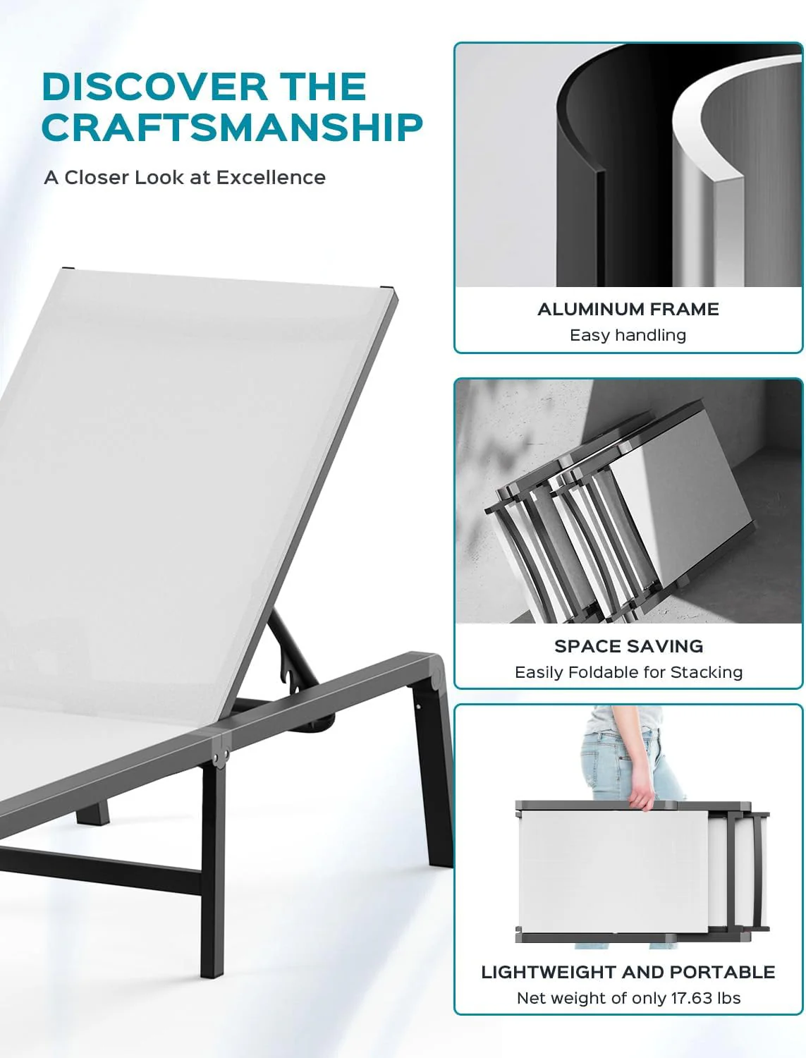 Tumbona de Aluminio para Exterior – Silla de Jardín Plegable sin Montaje, con Respaldo Ajustable en 5 Posiciones, para Terraza, Piscina, Playa – Negra