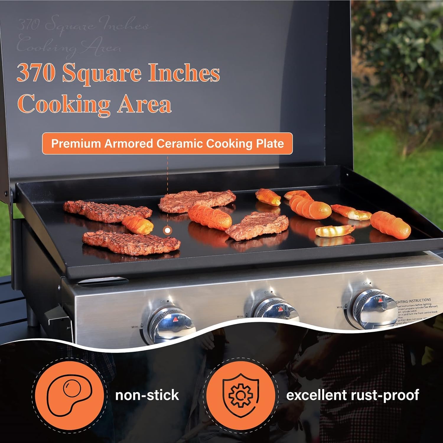 2025 Parrilla a Gas con Quemador Lateral y Parrilla de Hierro Fundido Esmalte Porcelánico 42,000 BTU, Parrilla Portátil de Acero Inoxidable, Propano