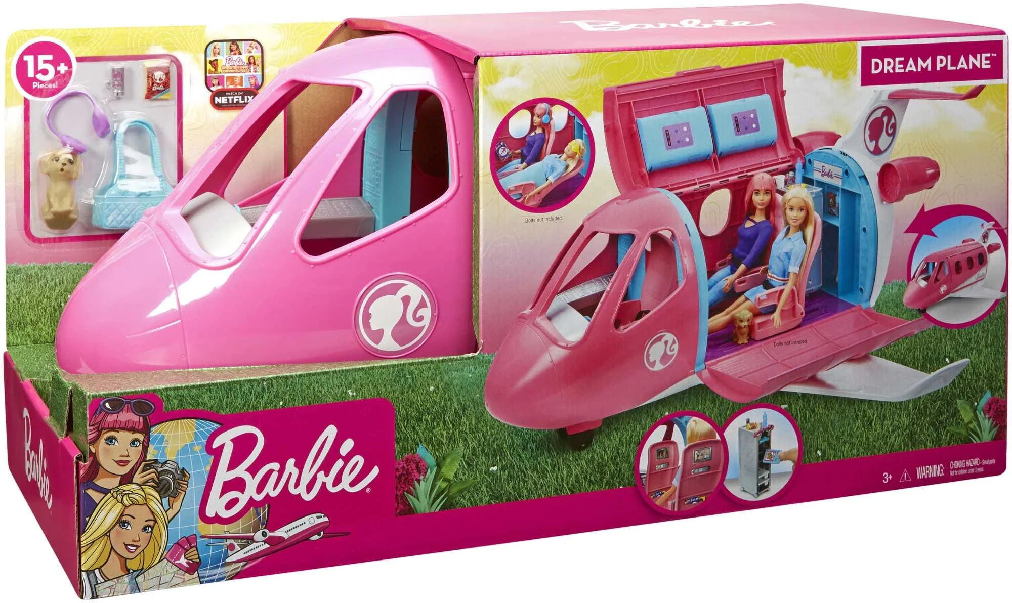 Set de Juego Avión Barbie Dreamplane con Perrito y Carrito de Snacks, más de 15 Accesorios