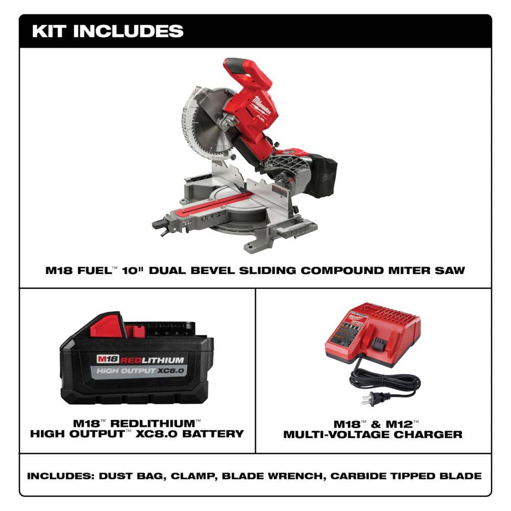 Kit de sierra ingletadora compuesta deslizante de doble bisel M18 FUEL de 18V y 10 pulgadas con motor sin escobillas y batería de 8.0 Ah – Modelo 2734-21