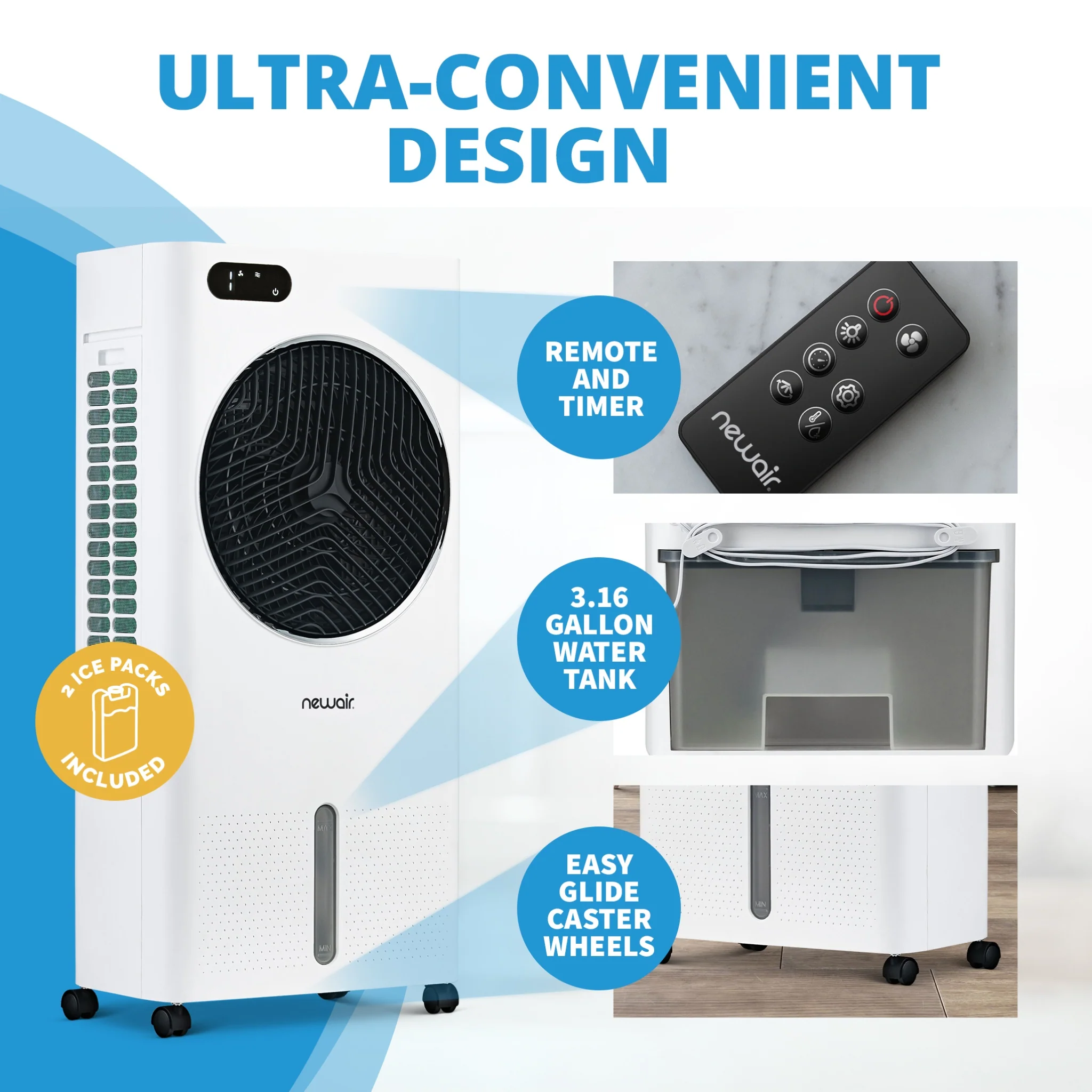 2025 Newair® Enfriador de Aire Evaporativo y Ventilador Portátil 1 600 CFM con Placa de Enfriamiento tipo Panal – Blanco