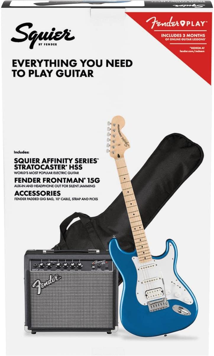 Squier by Fender Affinity Series Stratocaster Pack, HSS, diapasón de arce, Lake Placid Blue