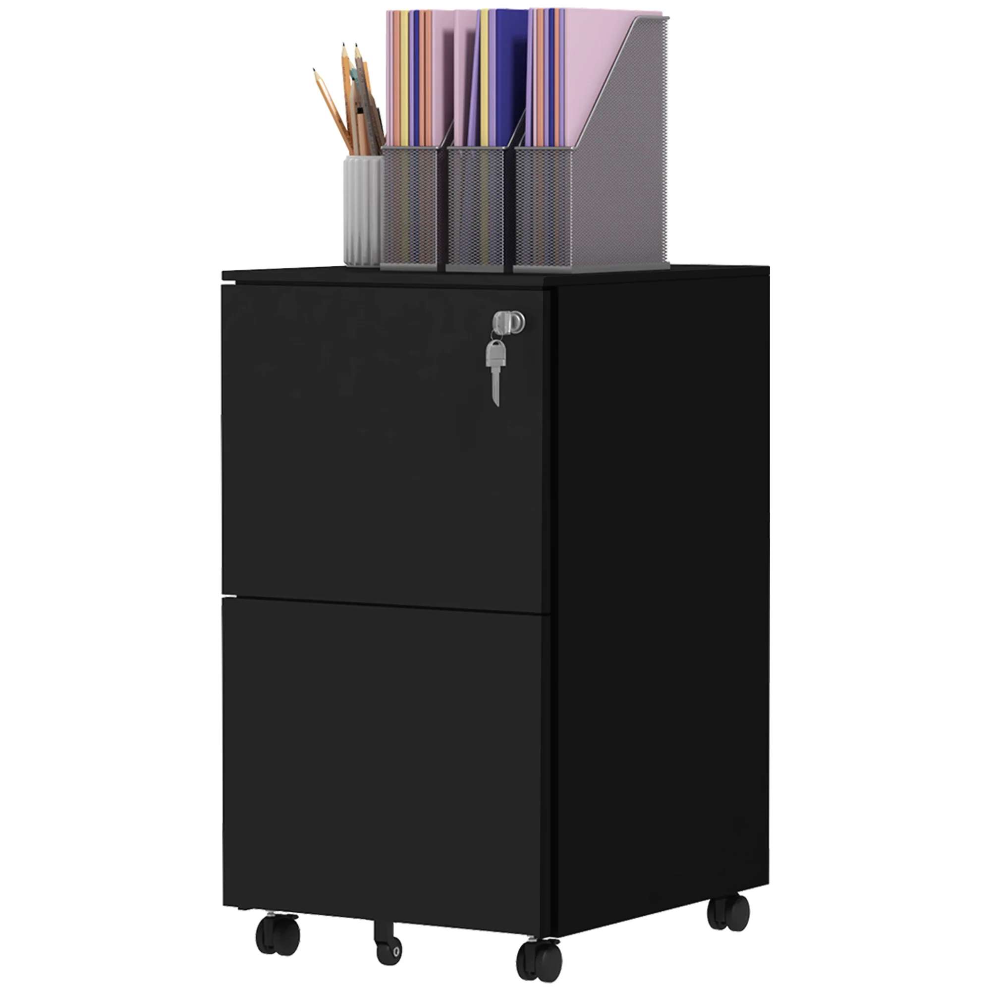Archivador Móvil de Acero con 2 Cajones y Cerradura, Mueble de Oficina para Debajo del Escritorio, Negro