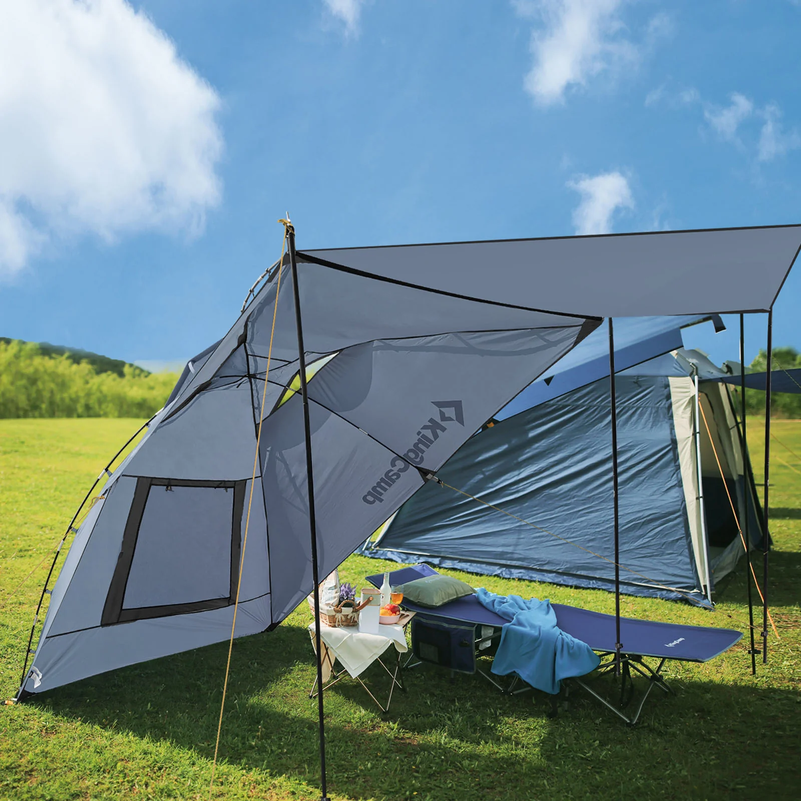 2025 KingCamp Compass Plus – Pabellón multifuncional para vehículos con protección visual impermeable y cortaviento, 4 postes de soporte, uso versátil y transporte compacto