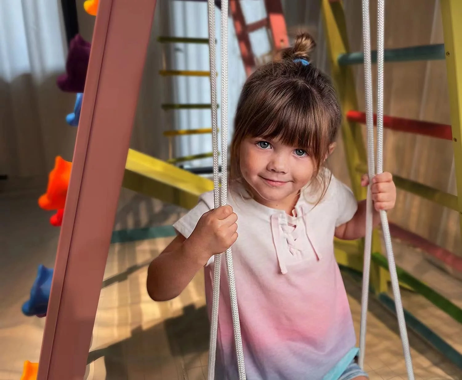 Avenlur Magnolia Parque Infantil Interior Gimnasio Jungle 6 en 1 Estilo Montessori Waldorf Juego de Escalada de Madera con Tobogán, Pared de Escalada, Escalera de Cuerda, Barras de Mono y Columpio para Niños de 2 a 6 años