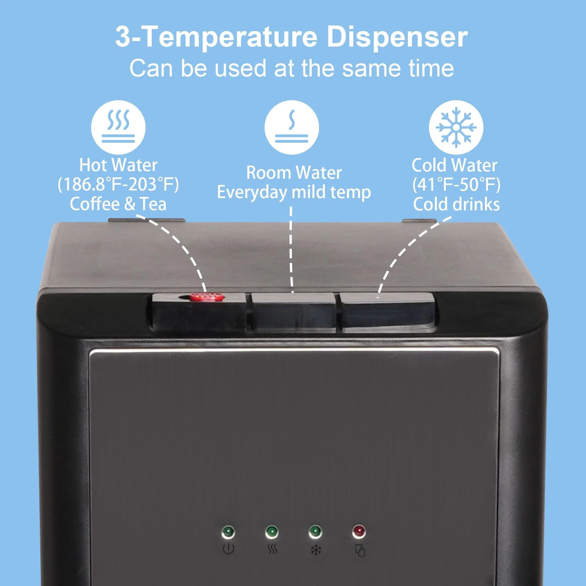 2025 Fuente de agua de 5 galones con carga inferior – 3 temperaturas con seguridad infantil – Negra
