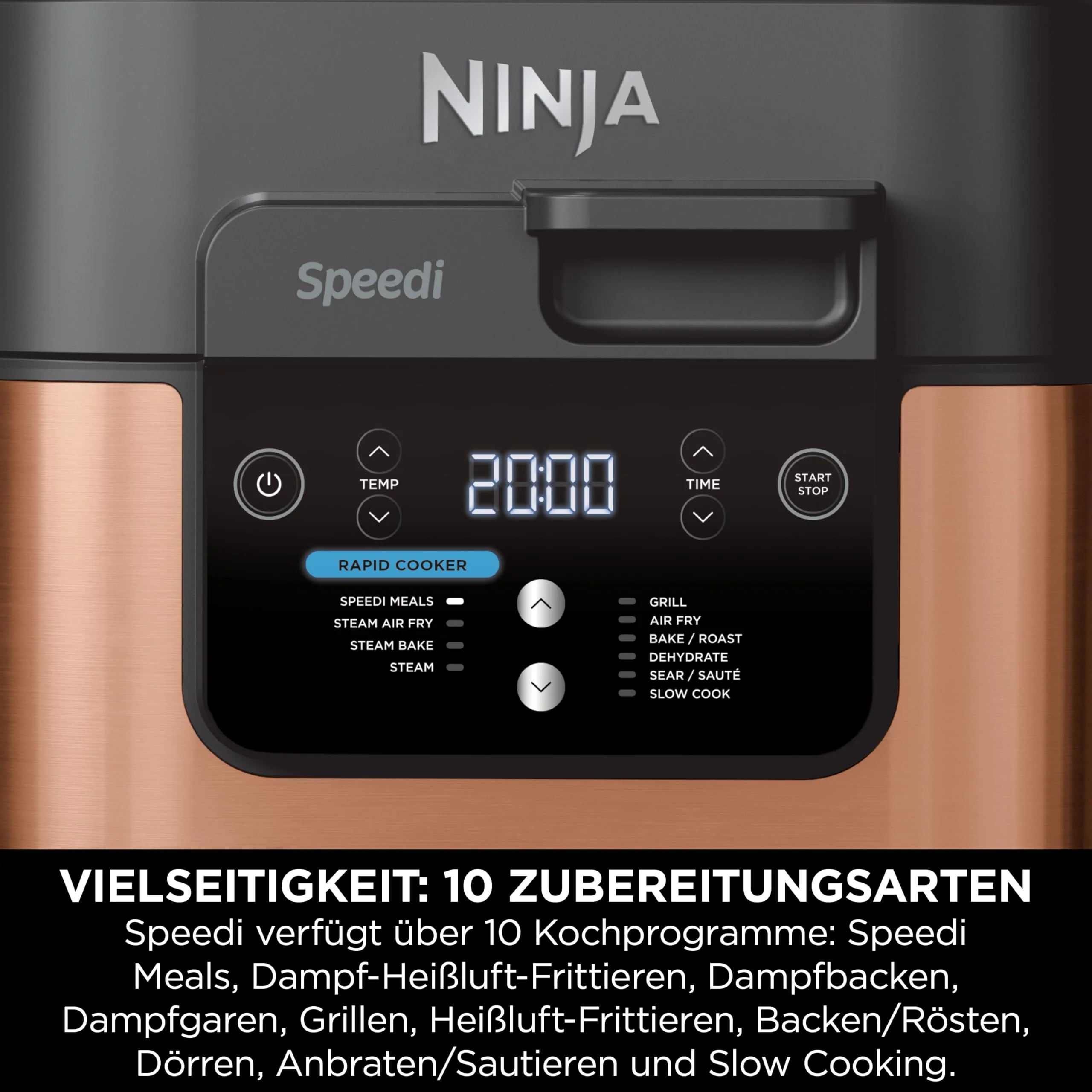 2025 Ninja Speedi Multicuiseur 2025, 5,7 L, Multicuiseur 10 en 1, Freidora de aire, Cocción lenta, Parrilla, Horno, Negro y Cobre ON400EUCP