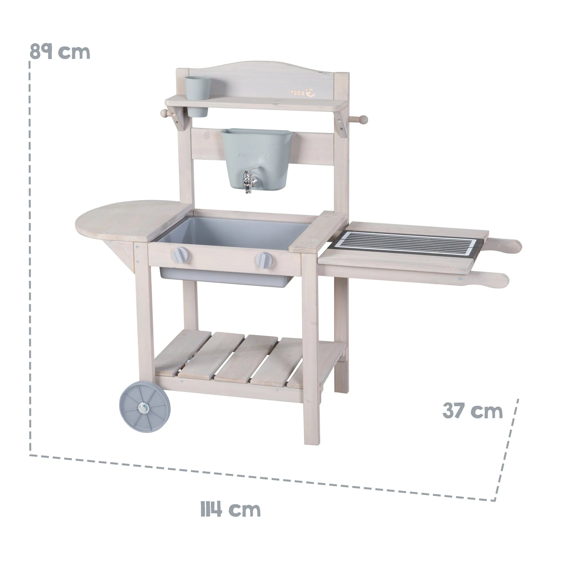 Cocina móvil de juego y barro con BBQ para niños - Madera certificada FSC - Acabado en gris grabado