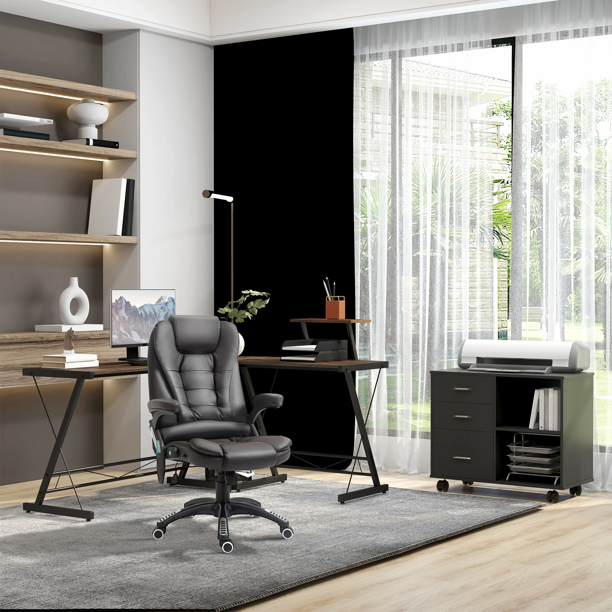 Silla de oficina ejecutiva con masaje y calefacción, sillón de oficina de cuero PU con respaldo alto, marrón