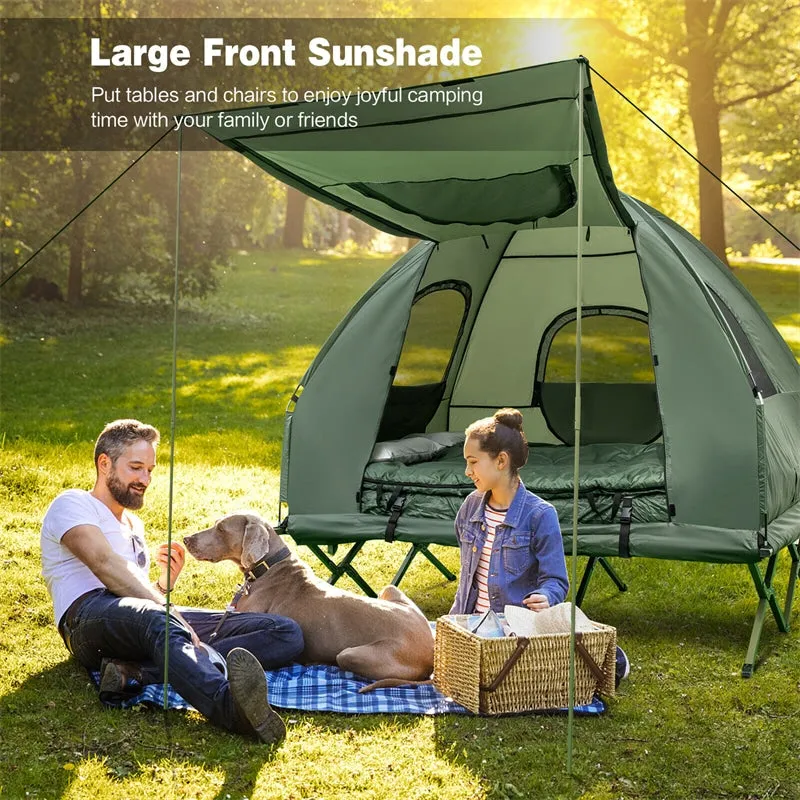Tienda de Campaña 5 en 1 para 2 Personas con Cama Plegable, Colchón Inflable, Saco de Dormir y Parasol UV