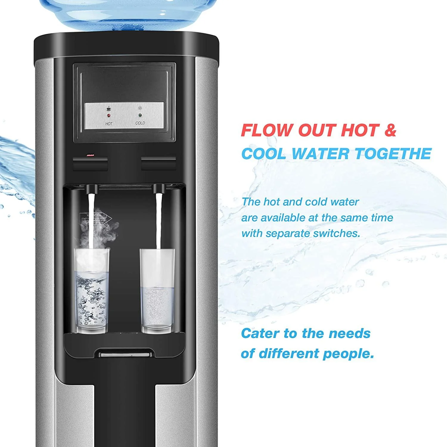 2025 Fuente de agua de carga superior para botellas de 3–5 galones – Agua caliente y fría con seguridad infantil – Negra