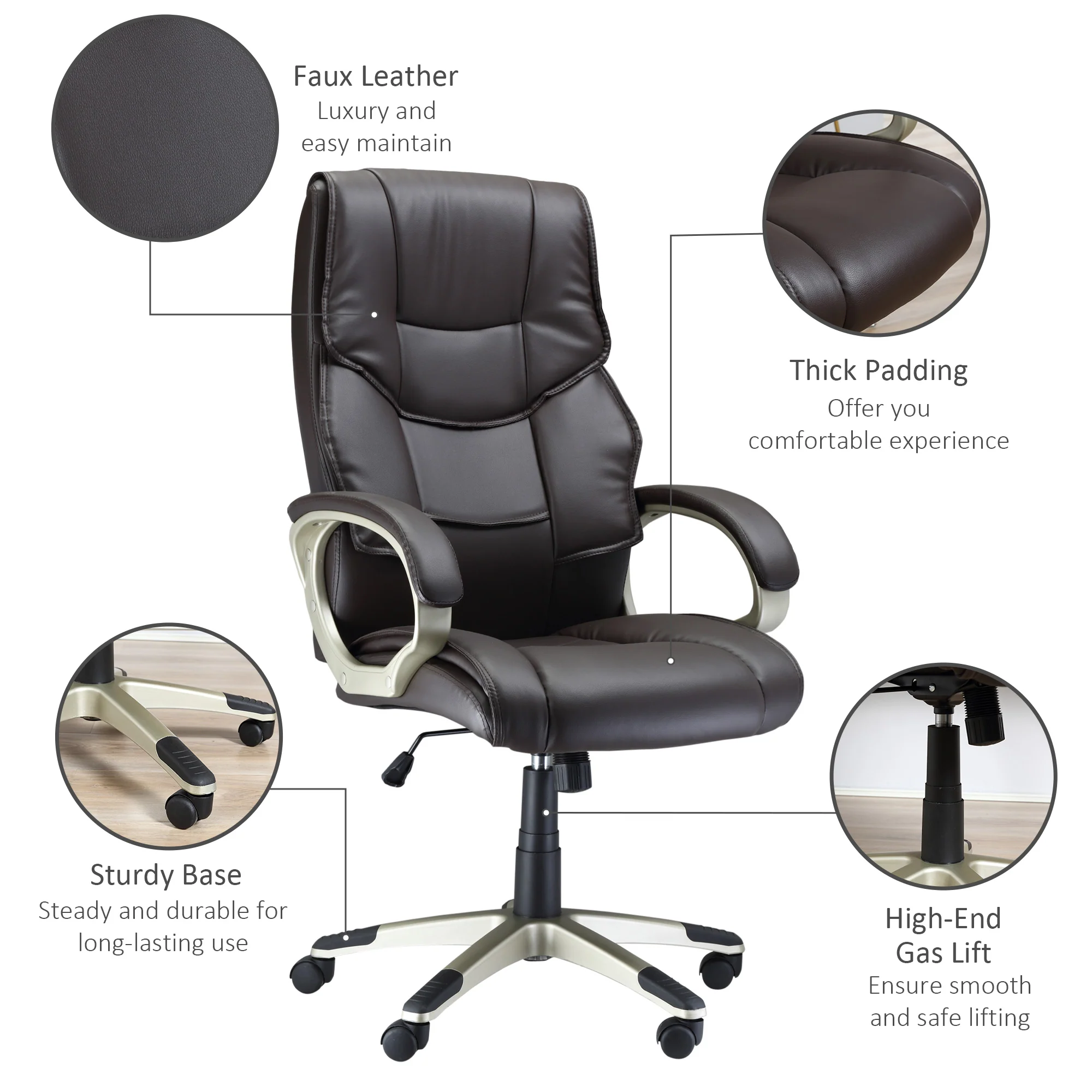 Silla de Oficina con Respaldo Alto, Sillón Giratorio de Cuero Sintético con Altura Ajustable, Marrón