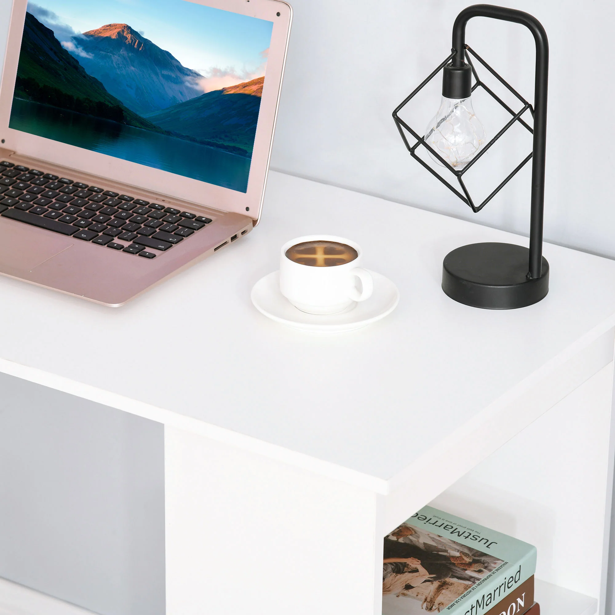 Escritorio de Ordenador Moderno de 120 cm con Estantería, Mesa de Estudio y Estación de Trabajo con 6 Estantes, Blanco