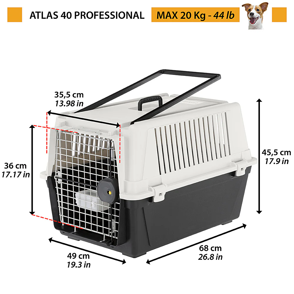 2025 Atlas 40 – Transportín para perro de tamaño mediano, seguro, ventilado y conforme a la normativa IATA. Con asa práctica, comedero y accesorios opcionales