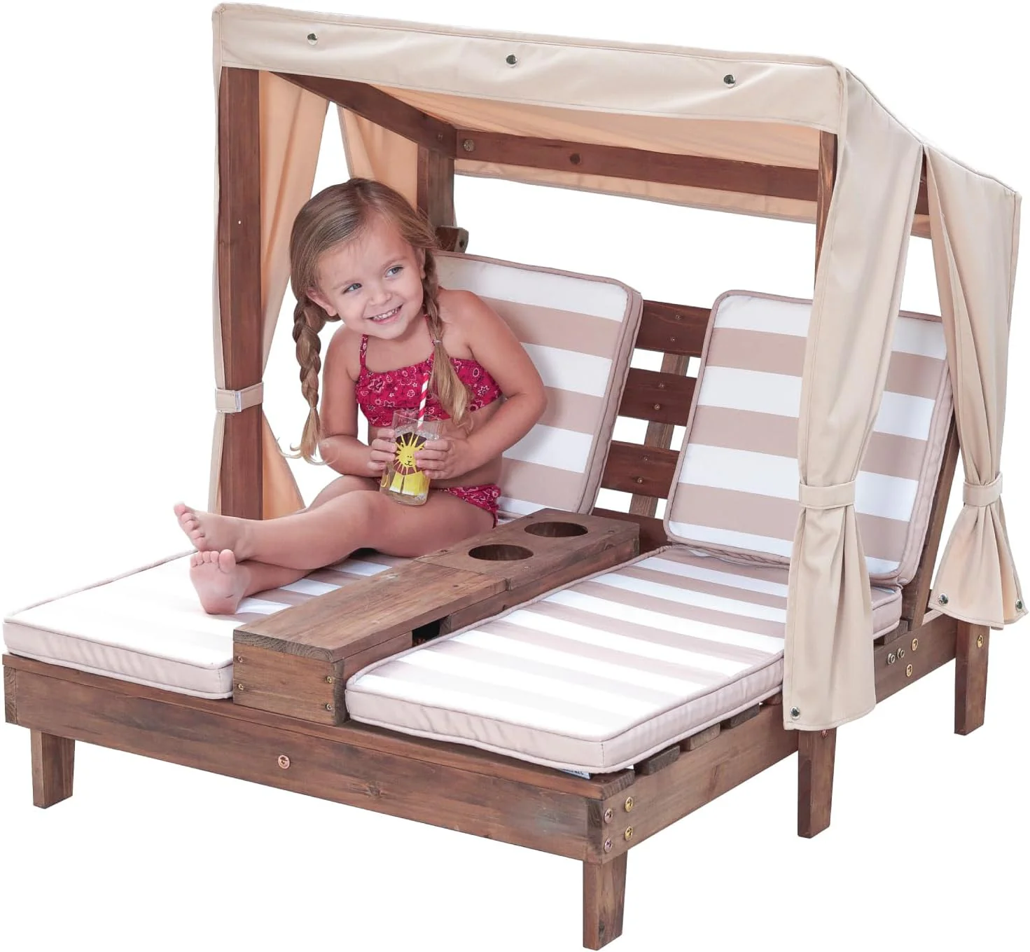 Tumbona Doble de Madera para Niños KidKraft con Porta Vasos, Muebles de Jardín para Niños, Color Miel con Tela a Rayas Azul Marino y Blanco, Regalo para Niños de 3 a 8 Años